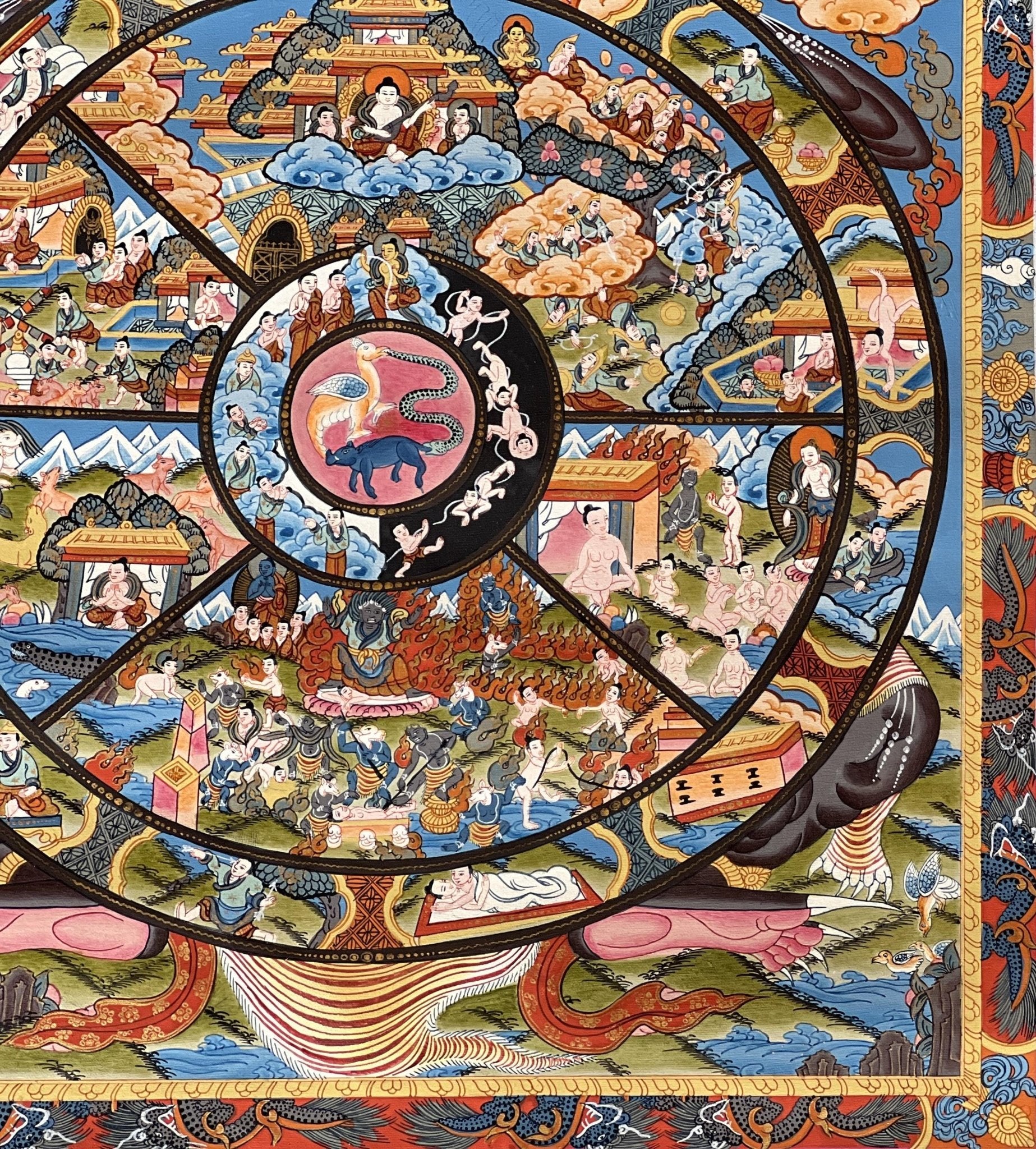Original Hand Painted Samsara Wheel Of Life Mandala Masterpiece 24k Gold Tibetan Meditation Thangka Painting with High Quality Silk Brocade - Tibetan Thangka Art