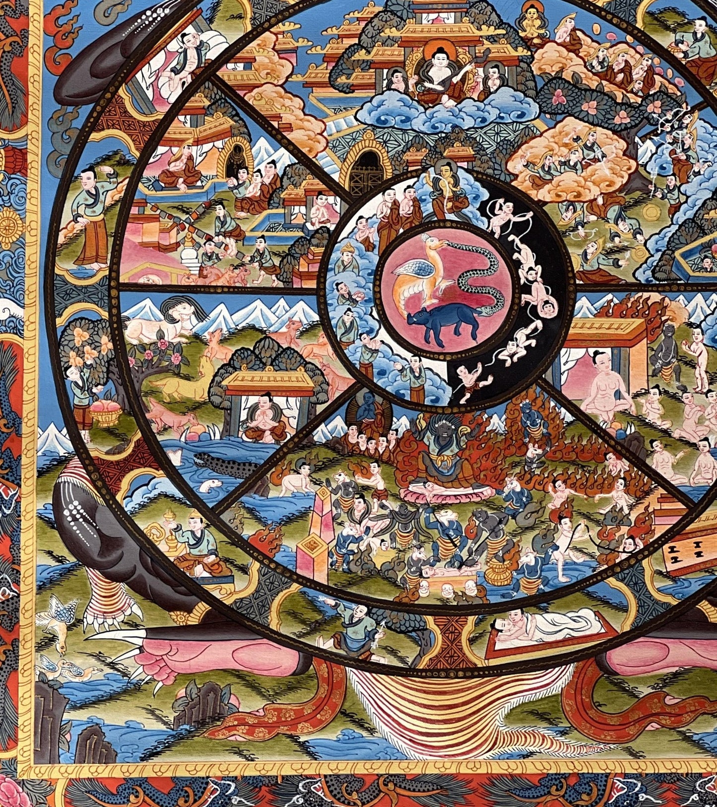 Original Hand Painted Samsara Wheel Of Life Mandala Masterpiece 24k Gold Tibetan Meditation Thangka Painting with High Quality Silk Brocade - Tibetan Thangka Art
