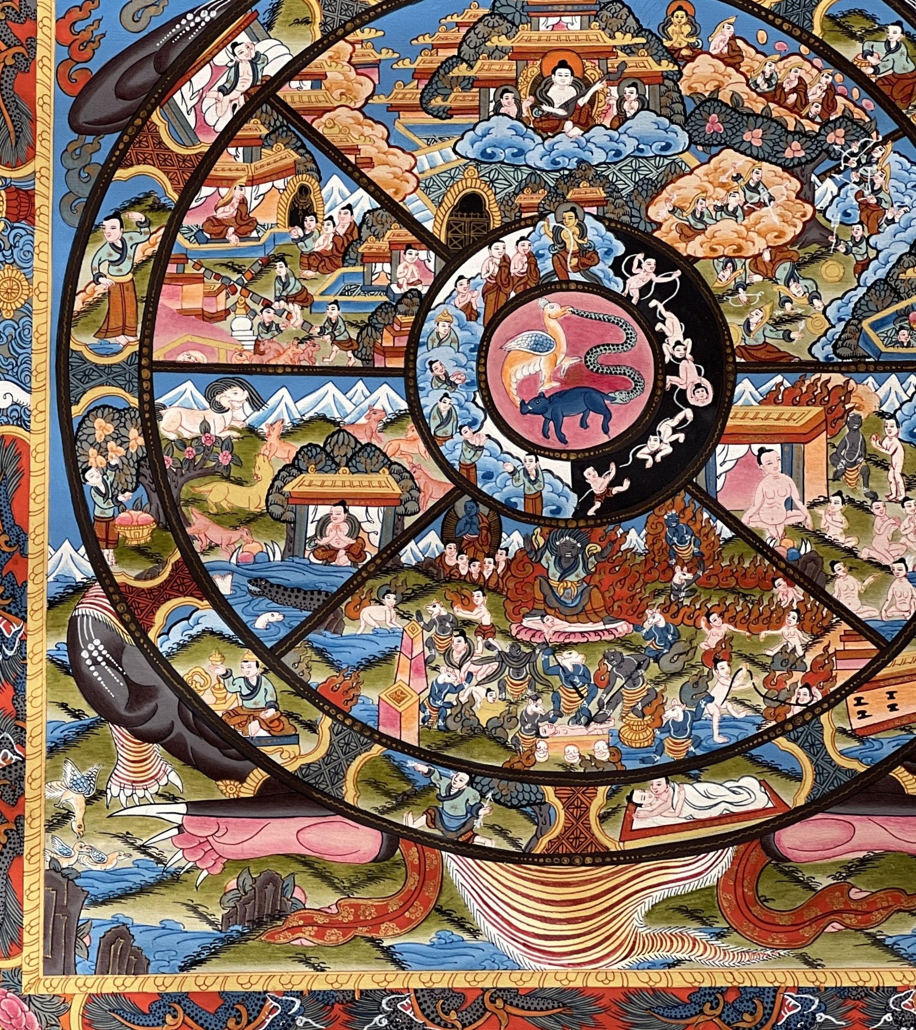 Original Hand Painted Samsara Wheel Of Life Mandala Masterpiece 24k Gold Tibetan Meditation Thangka Painting with High Quality Silk Brocade - Tibetan Thangka Art