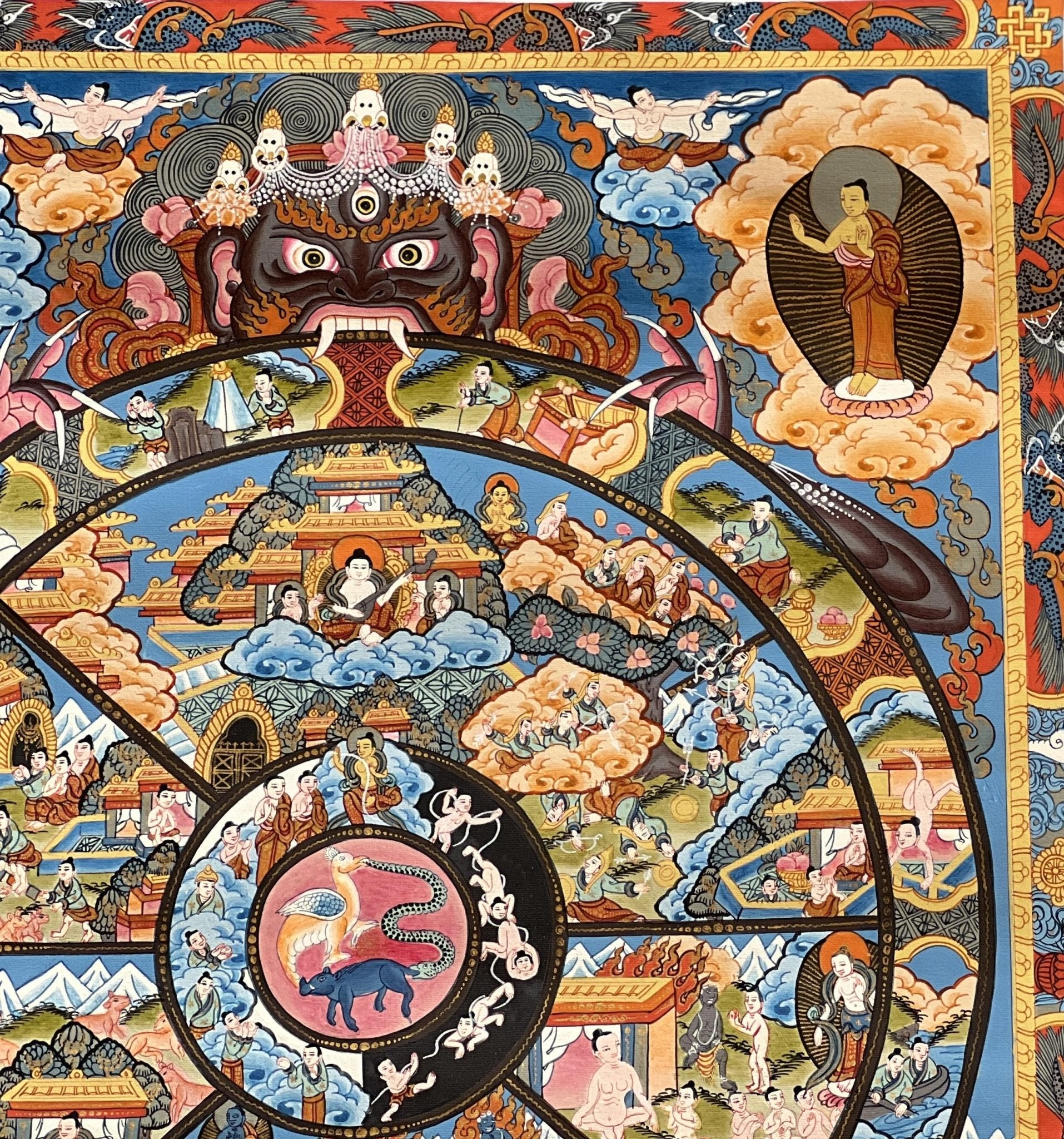 Original Hand Painted Samsara Wheel Of Life Mandala Masterpiece 24k Gold Tibetan Meditation Thangka Painting with High Quality Silk Brocade - Tibetan Thangka Art