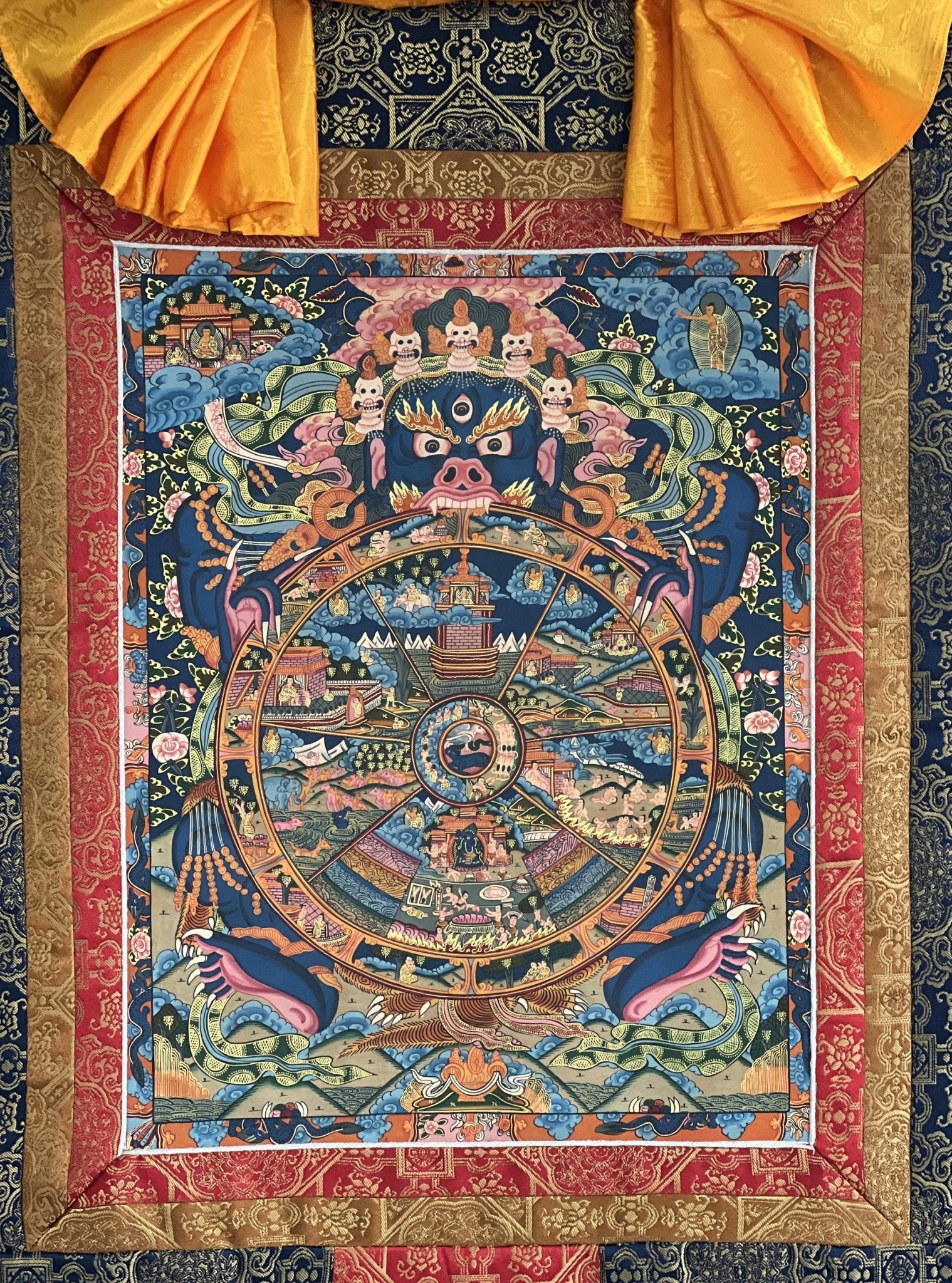 Original Hand Painted Samsara Wheel of Time/ Bhavachakra Mandala Tibetan Thangka Painting/ Wall Hanging with High - Quality Silk Brocade - Tibetan Thangka Art