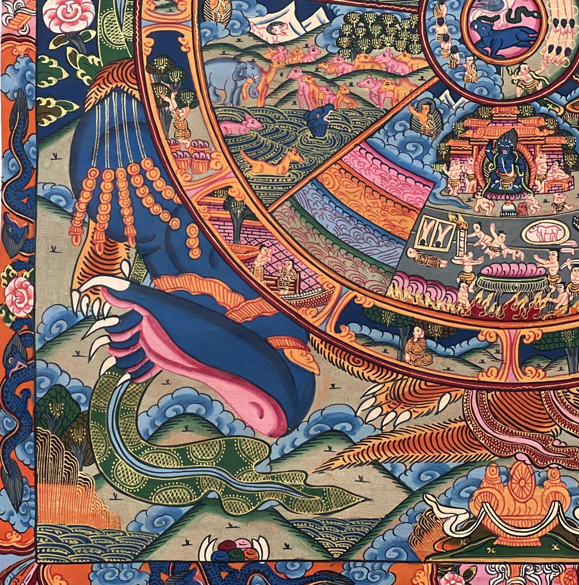Original Hand Painted Samsara Wheel of Time/ Bhavachakra Mandala Tibetan Thangka Painting/ Wall Hanging with High - Quality Silk Brocade - Tibetan Thangka Art