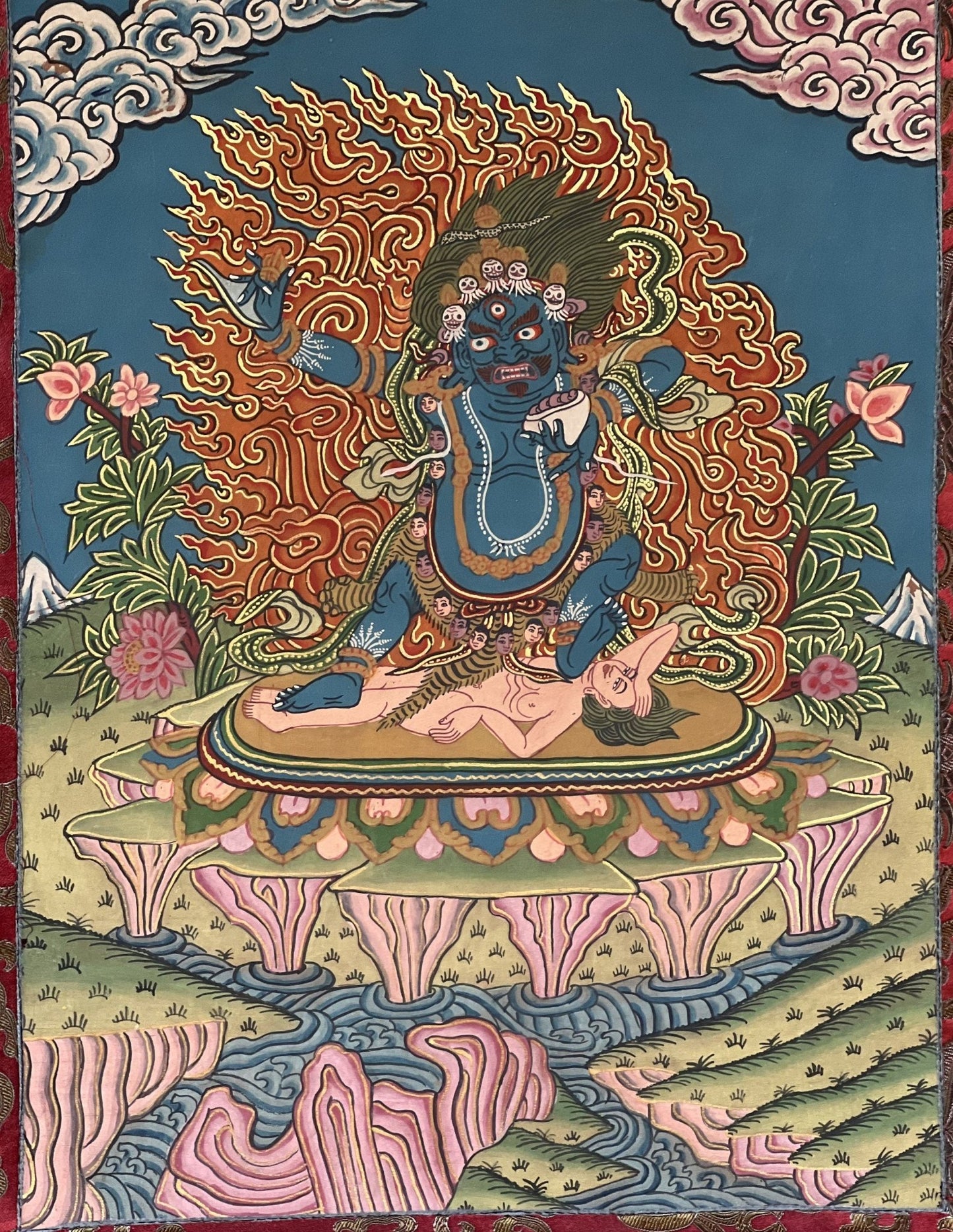 Original Hand Painted Semi - Antique VAJRAPANI Dharmapala Tibetan Thangka / Thanka Painting with Silk Brocade - Tibetan Thangka Art