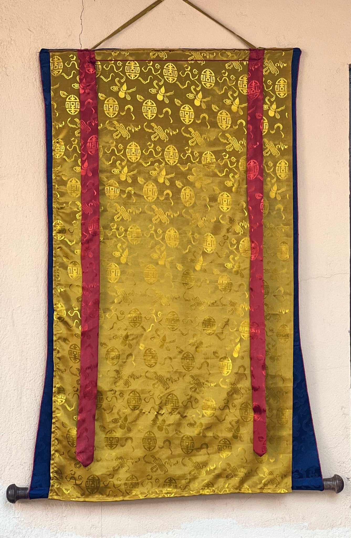 Original Hand Painted Semi - Antique VAJRAPANI Dharmapala Tibetan Thangka / Thanka Painting with Silk Brocade - Tibetan Thangka Art