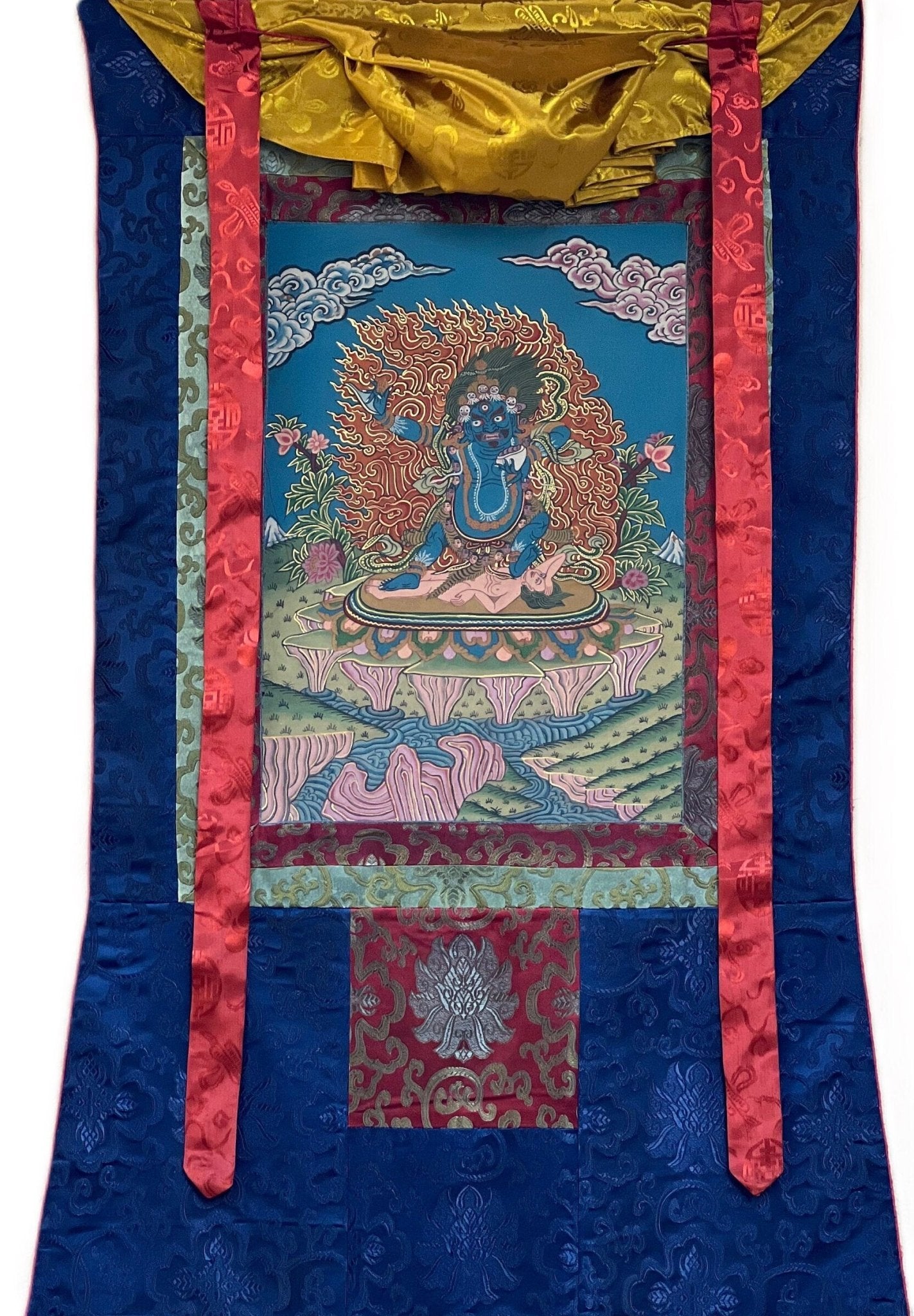 Original Hand Painted Semi - Antique VAJRAPANI Dharmapala Tibetan Thangka / Thanka Painting with Silk Brocade - Tibetan Thangka Art