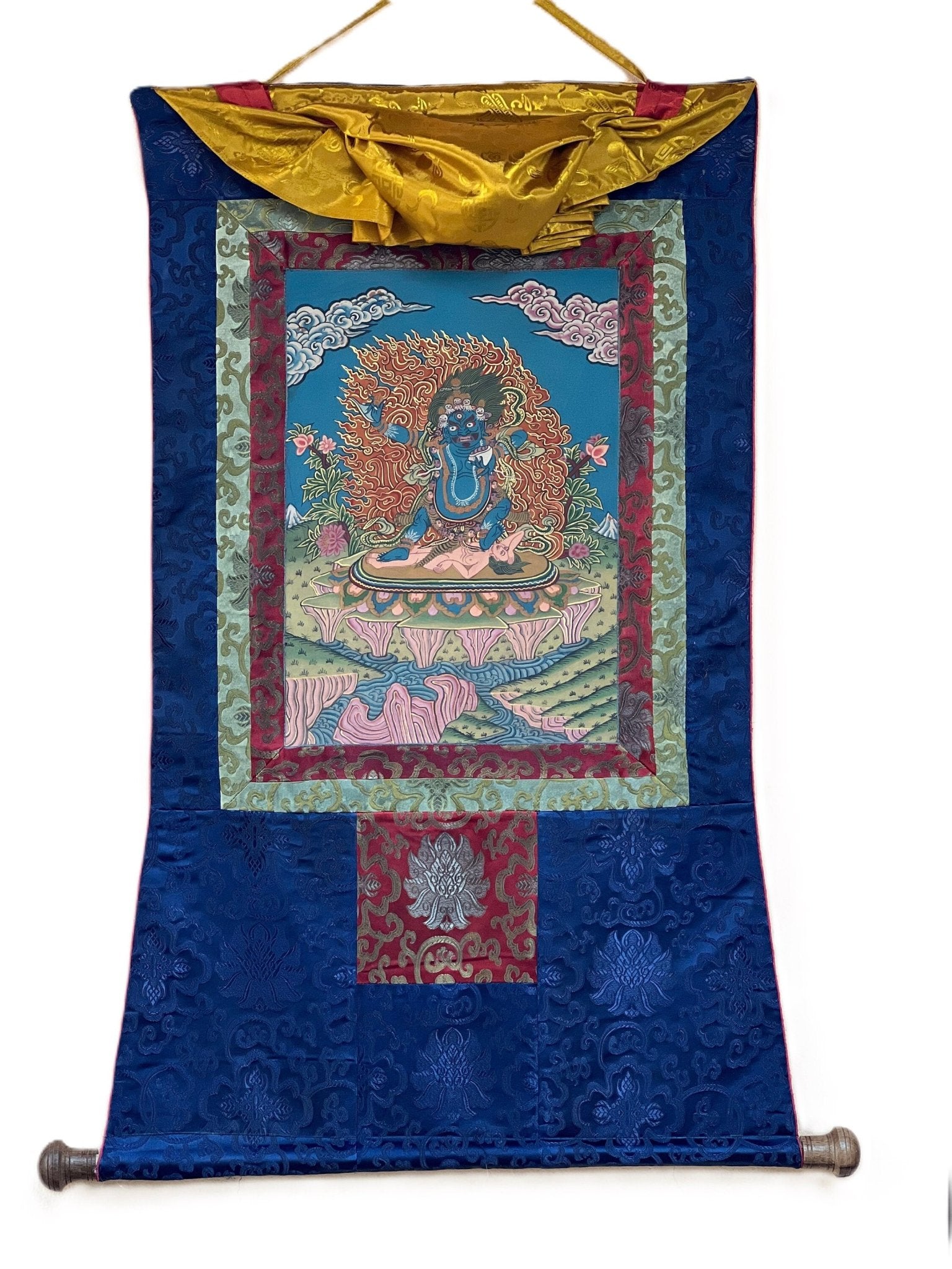 Original Hand Painted Semi - Antique VAJRAPANI Dharmapala Tibetan Thangka / Thanka Painting with Silk Brocade - Tibetan Thangka Art