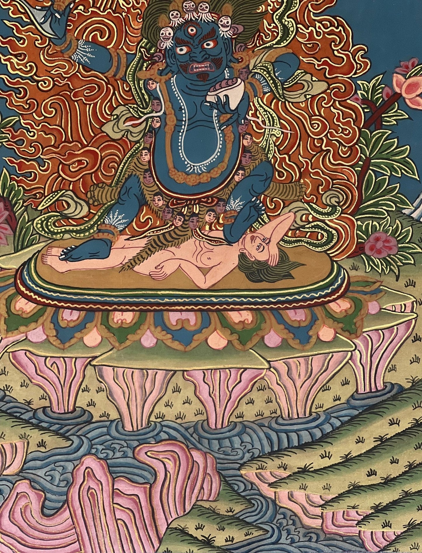 Original Hand Painted Semi - Antique VAJRAPANI Dharmapala Tibetan Thangka / Thanka Painting with Silk Brocade - Tibetan Thangka Art