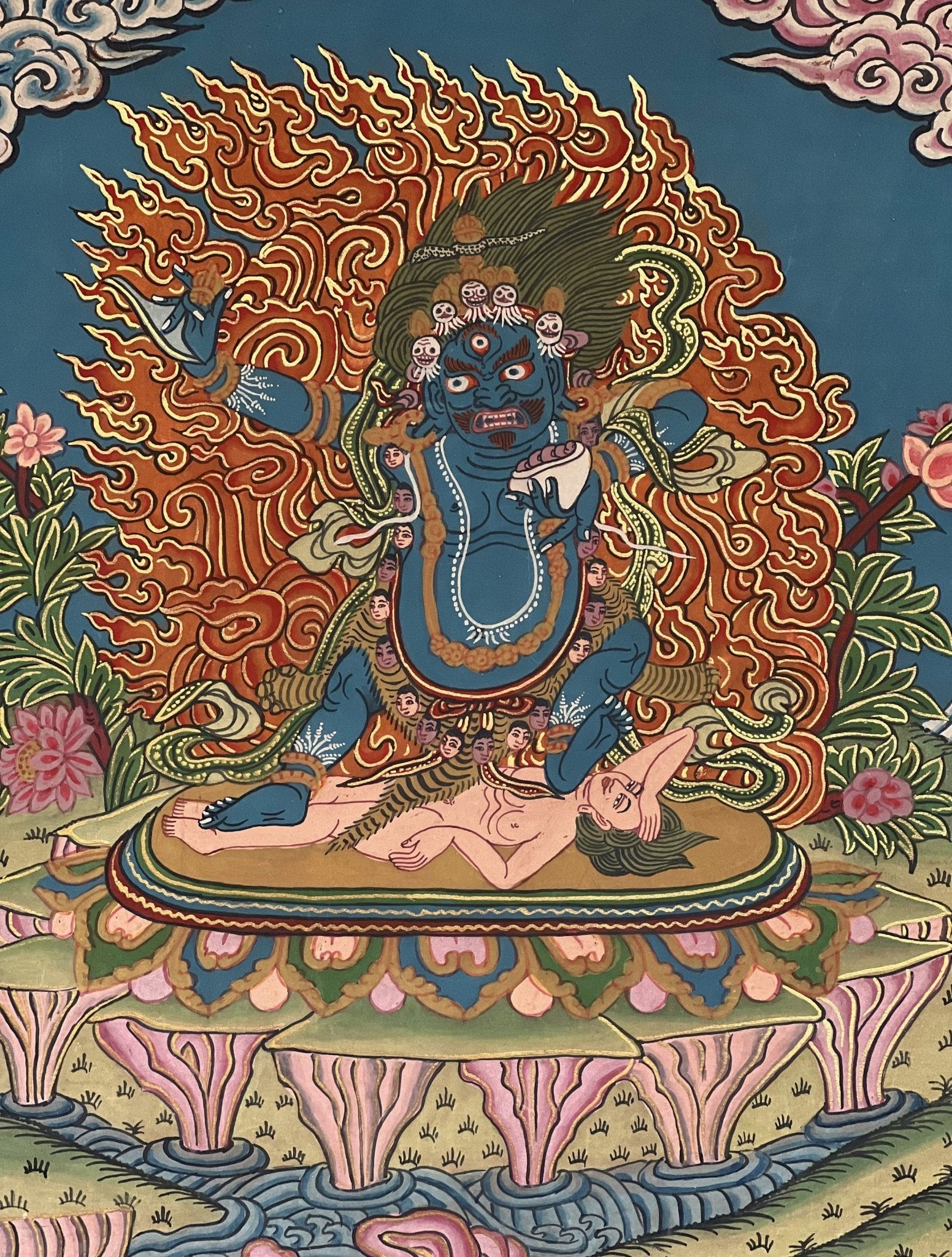 Original Hand Painted Semi - Antique VAJRAPANI Dharmapala Tibetan Thangka / Thanka Painting with Silk Brocade - Tibetan Thangka Art
