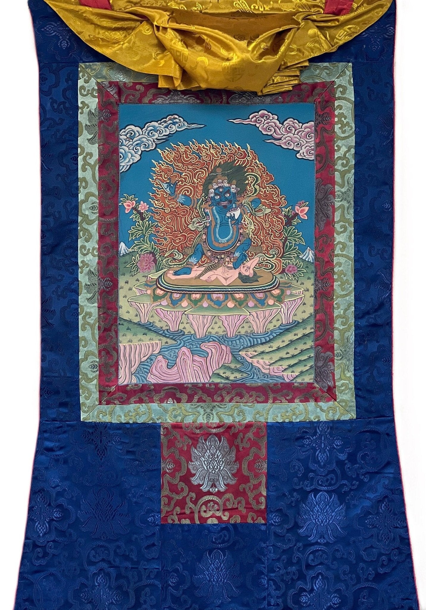 Original Hand Painted Semi - Antique VAJRAPANI Dharmapala Tibetan Thangka / Thanka Painting with Silk Brocade - Tibetan Thangka Art