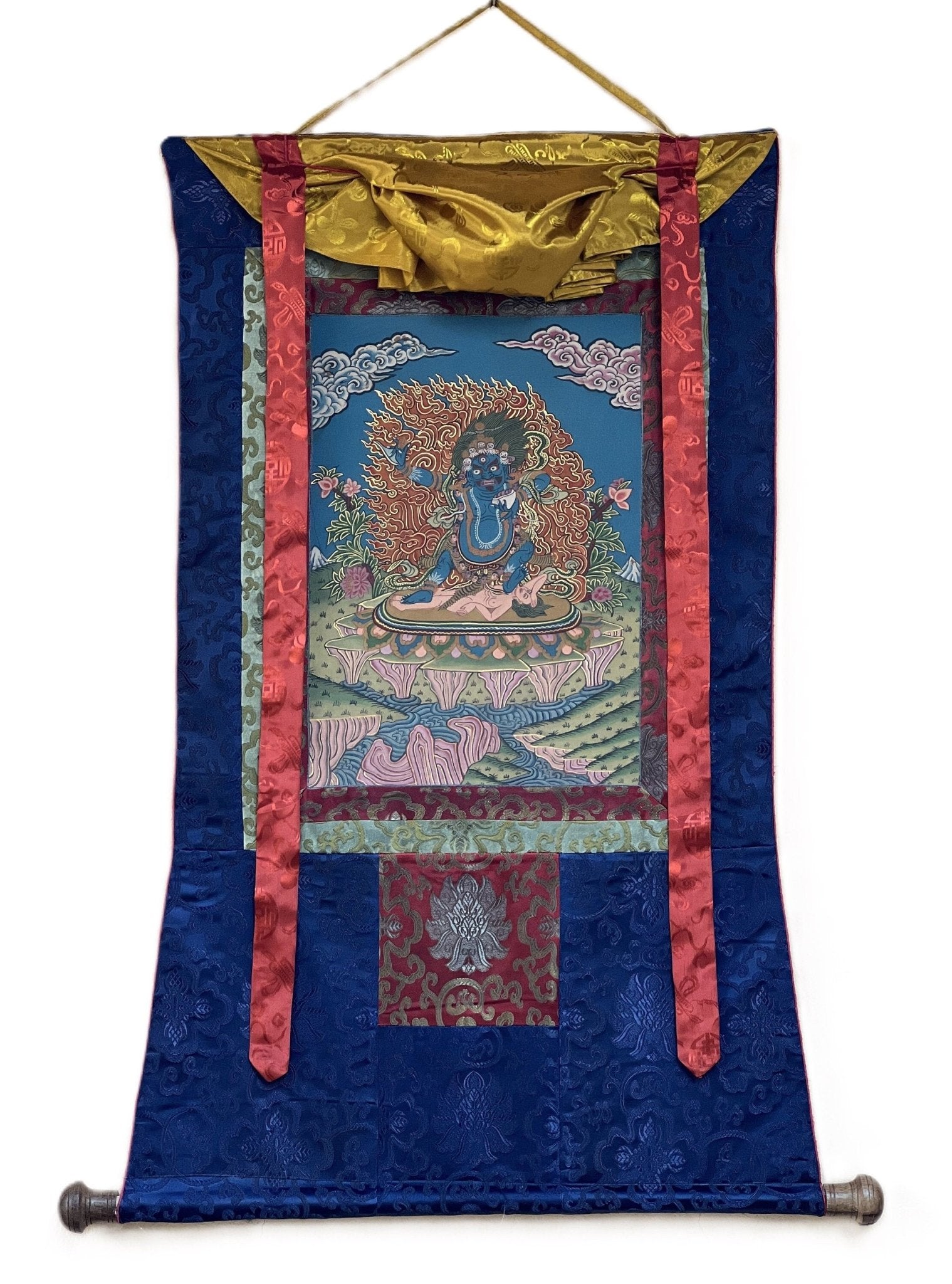 Original Hand Painted Semi - Antique VAJRAPANI Dharmapala Tibetan Thangka / Thanka Painting with Silk Brocade - Tibetan Thangka Art