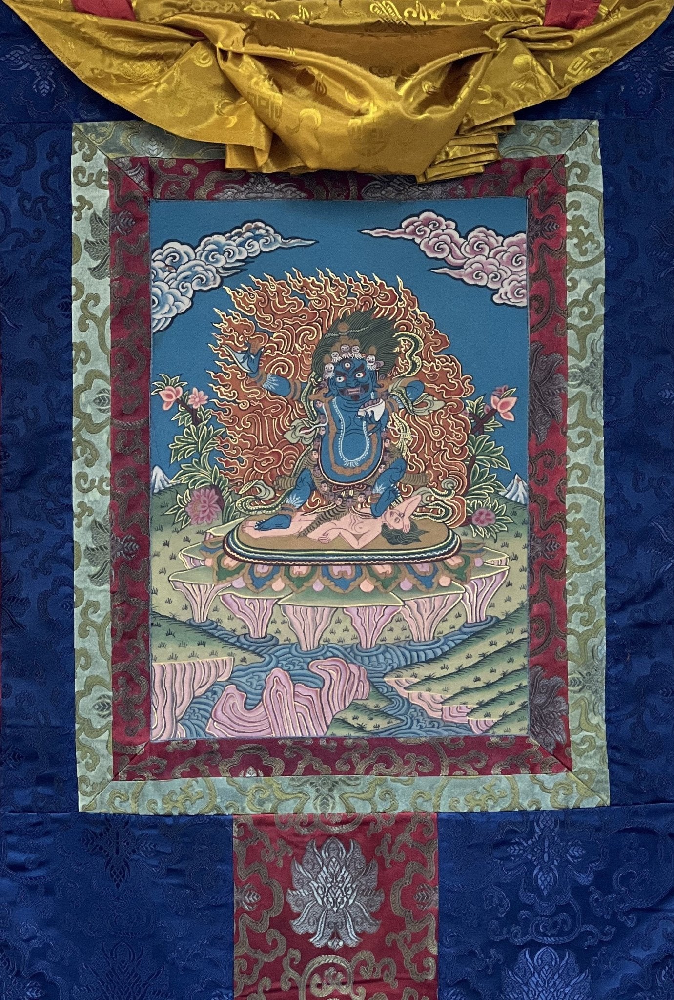 Original Hand Painted Semi - Antique VAJRAPANI Dharmapala Tibetan Thangka / Thanka Painting with Silk Brocade - Tibetan Thangka Art