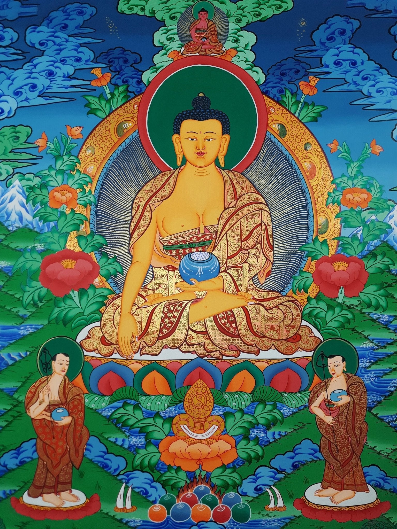 Original Hand Painted Shakyamuni Buddha / Gautama Masterpiece With Two Disciples Tibetan Wall Hanging Painting Thangka / Thanka From Nepal - Tibetan Thangka Art