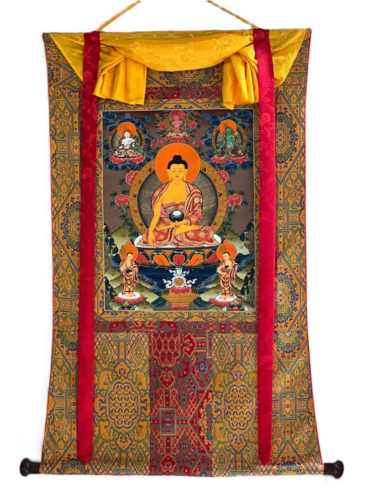 Original Hand - Painted Shakyamuni Buddha Thangka Wall Hanging | Tibetan Compassion Meditation Art | High - Quality Silk Framed Buddha Painting - Tibetan Thangka Art