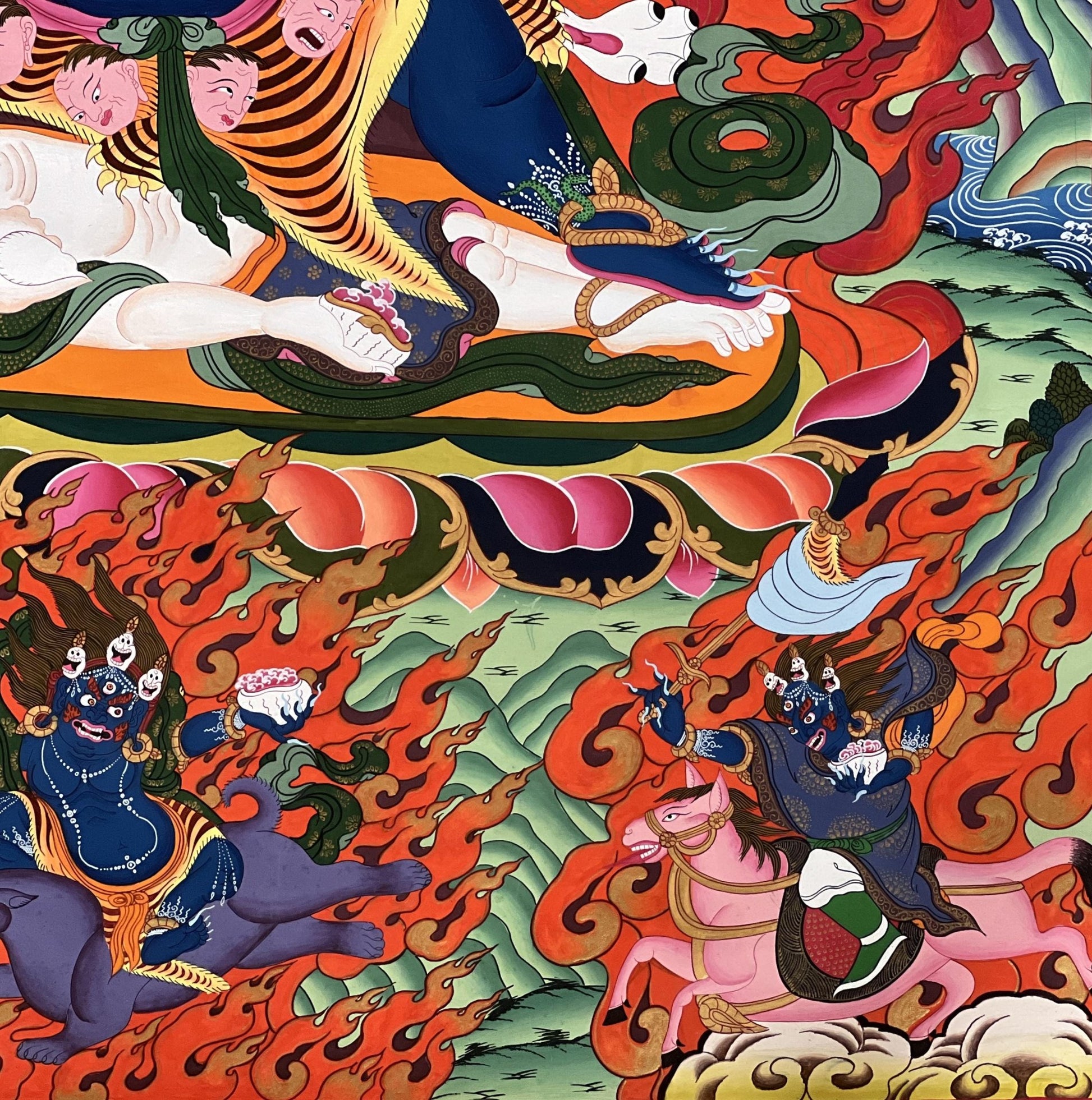 Original Hand Painted Six - Armed Mahakala/ Mahankala / LARGE Masterpiece Tibetan Compassion, Meditation Thangka / Thanka Painting From Nepal - Tibetan Thangka Art