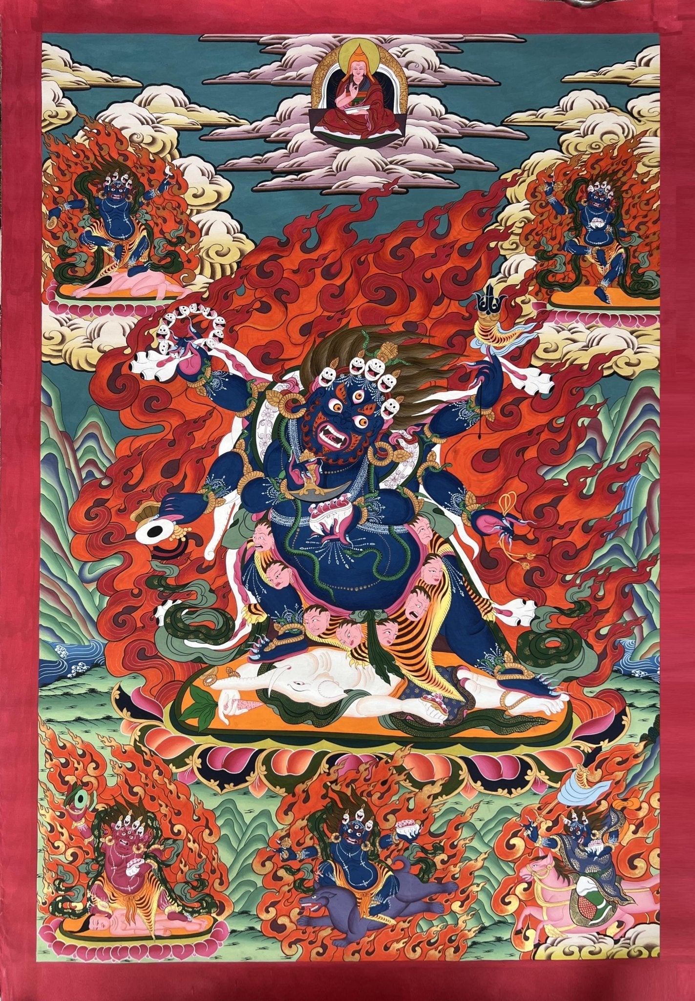 Original Hand Painted Six - Armed Mahakala/ Mahankala / LARGE Masterpiece Tibetan Compassion, Meditation Thangka / Thanka Painting From Nepal - Tibetan Thangka Art