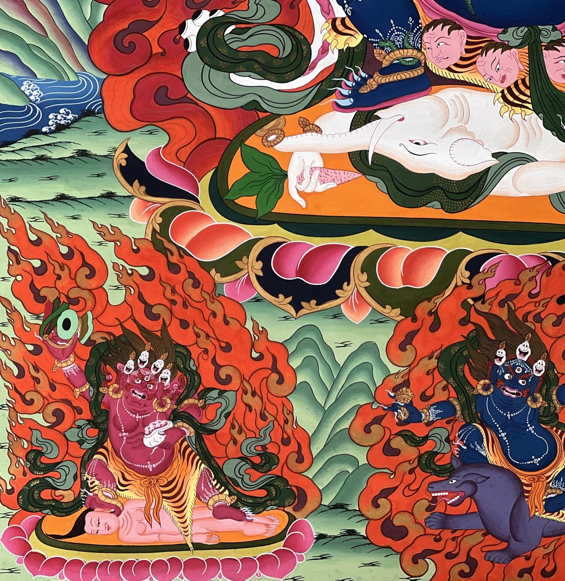 Original Hand Painted Six - Armed Mahakala/ Mahankala / LARGE Masterpiece Tibetan Compassion, Meditation Thangka / Thanka Painting From Nepal - Tibetan Thangka Art