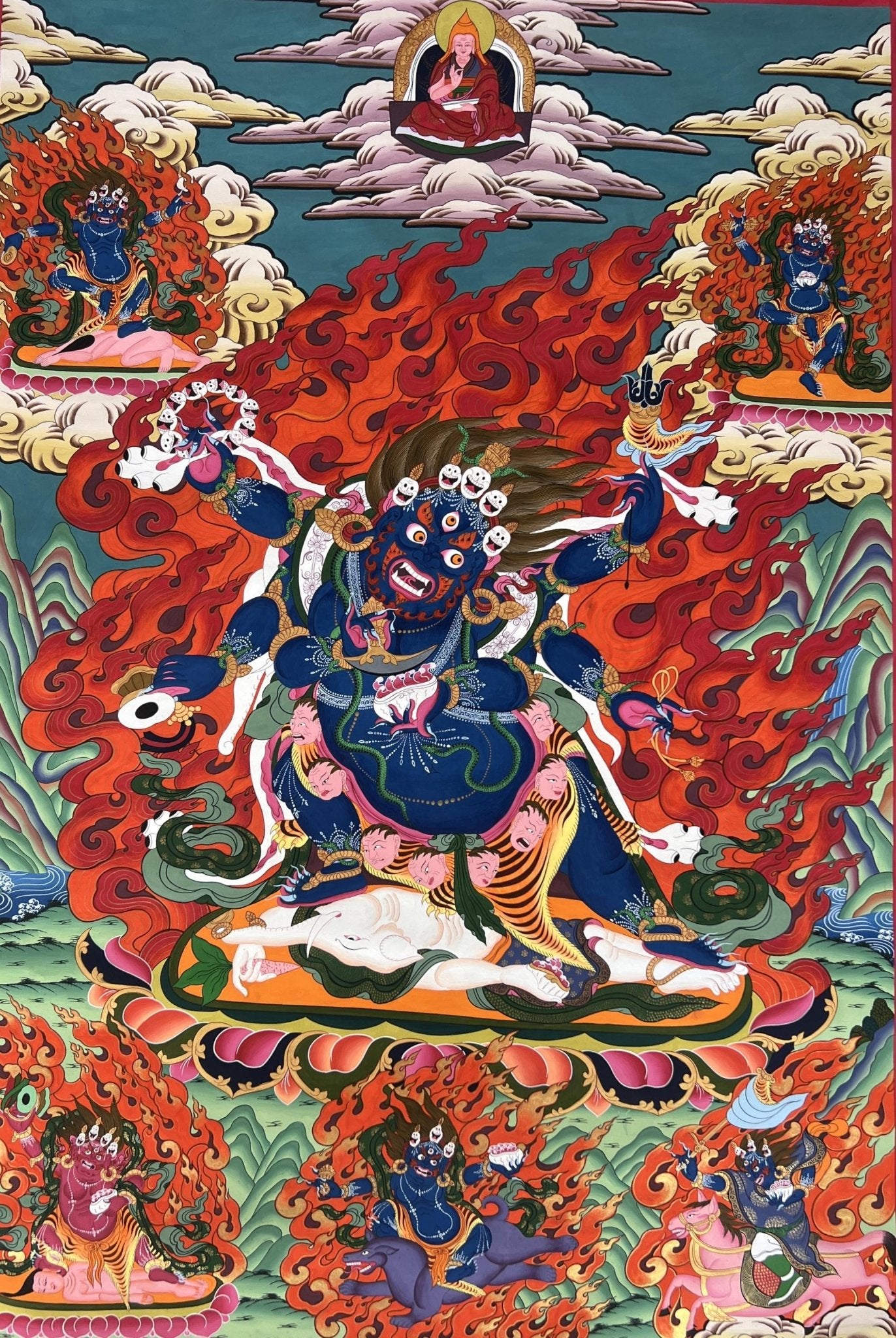 Original Hand Painted Six - Armed Mahakala/ Mahankala / LARGE Masterpiece Tibetan Compassion, Meditation Thangka / Thanka Painting From Nepal - Tibetan Thangka Art