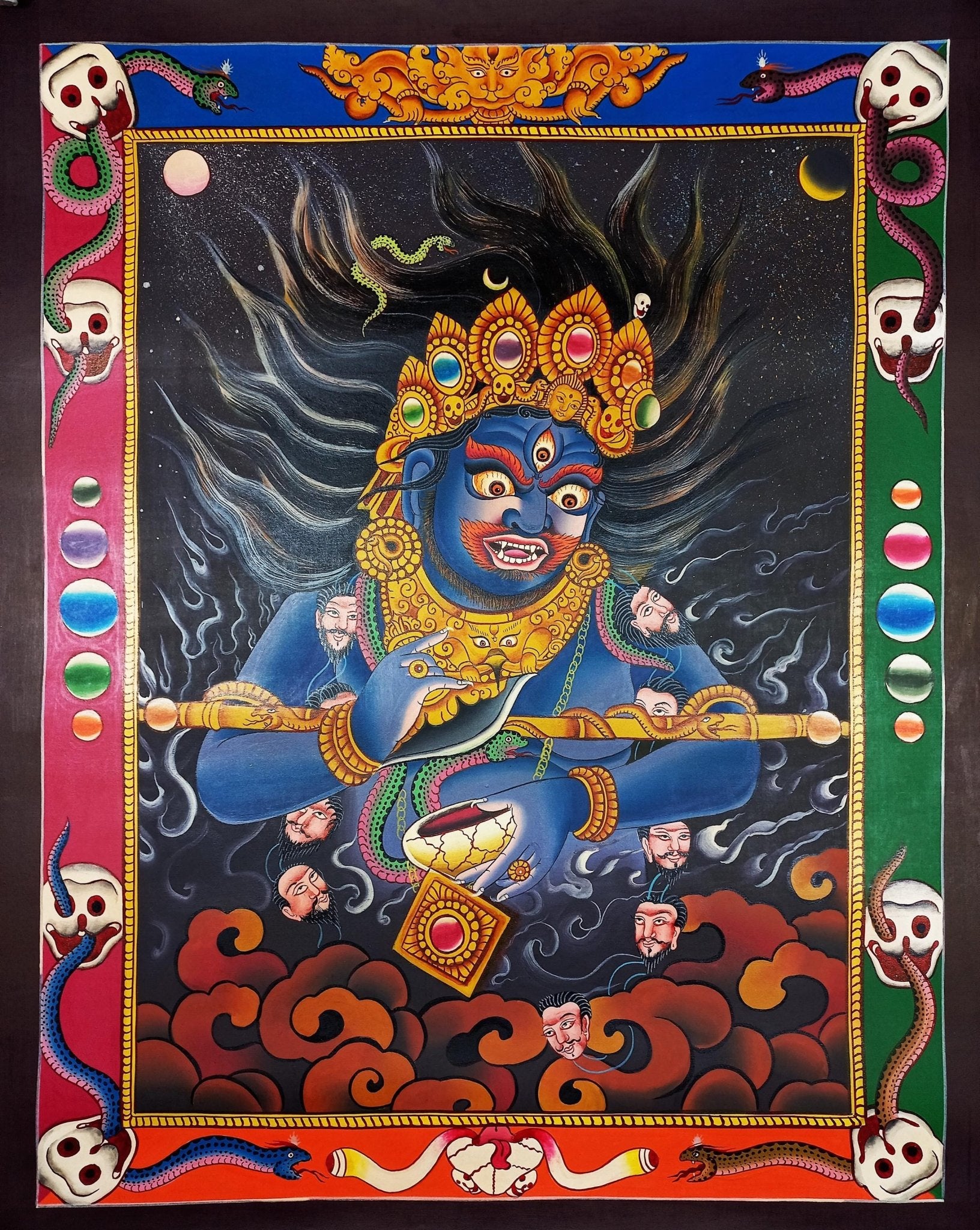 Original Hand Painted Two Armed Mahakala/ Mahankala Smoky Newari Style Tibetan Wall Hanging Meditation Thangka / Thanka Painting From Nepal - Tibetan Thangka Art
