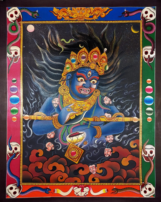 Original Hand Painted Two Armed Mahakala/ Mahankala Smoky Newari Style Tibetan Wall Hanging Meditation Thangka / Thanka Painting From Nepal - Tibetan Thangka Art