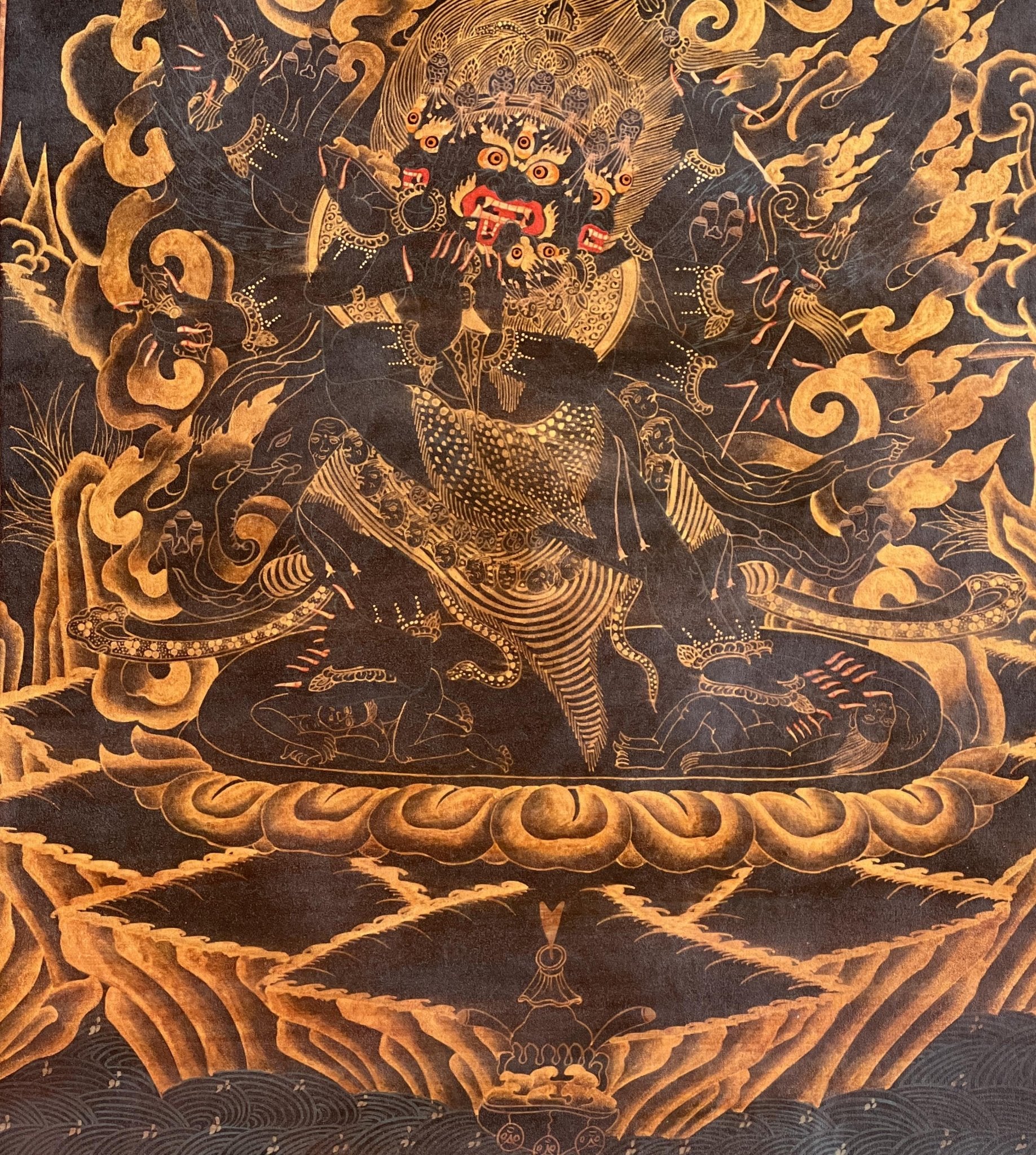 Original Hand - painted Vajrakilaya/ Phurbakilaya/ Dorje Phurba Oil Varnished Black N Gold Tibetan Thangka Painting with Silk Brocade - Tibetan Thangka Art