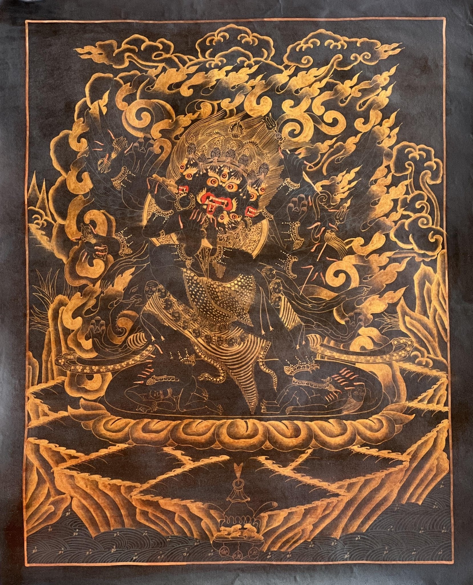 Original Hand - painted Vajrakilaya/ Phurbakilaya/ Dorje Phurba Oil Varnished Black N Gold Tibetan Thangka Painting with Silk Brocade - Tibetan Thangka Art