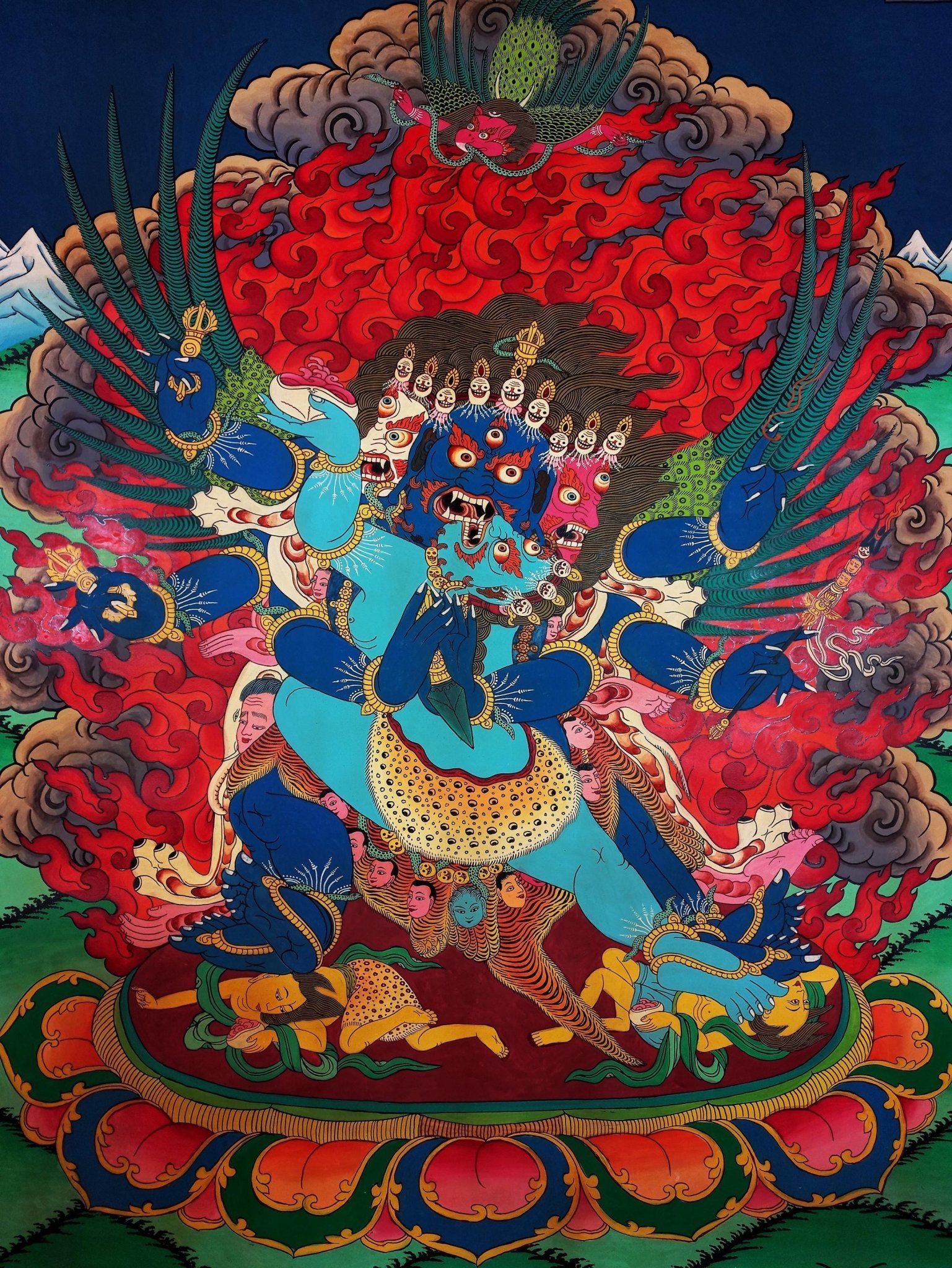 Original Hand - painted Vajrakilaya/ Phurbakilaya/ Dorje Phurba with Diptachakra Large Masterpiece Semi - Old Smoky Tibetan Thangka Painting - Tibetan Thangka Art