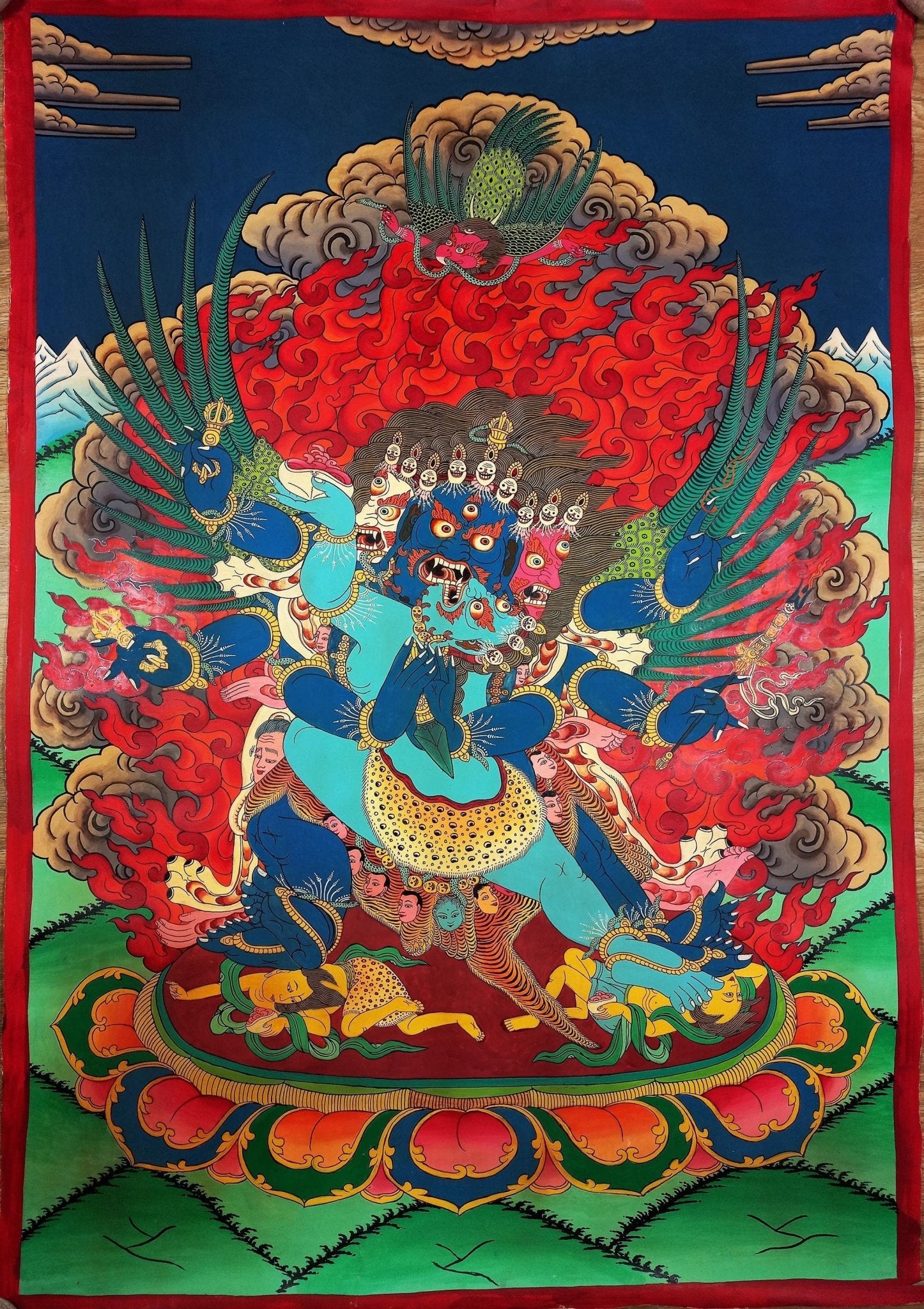 Original Hand - painted Vajrakilaya/ Phurbakilaya/ Dorje Phurba with Diptachakra Large Masterpiece Semi - Old Smoky Tibetan Thangka Painting - Tibetan Thangka Art
