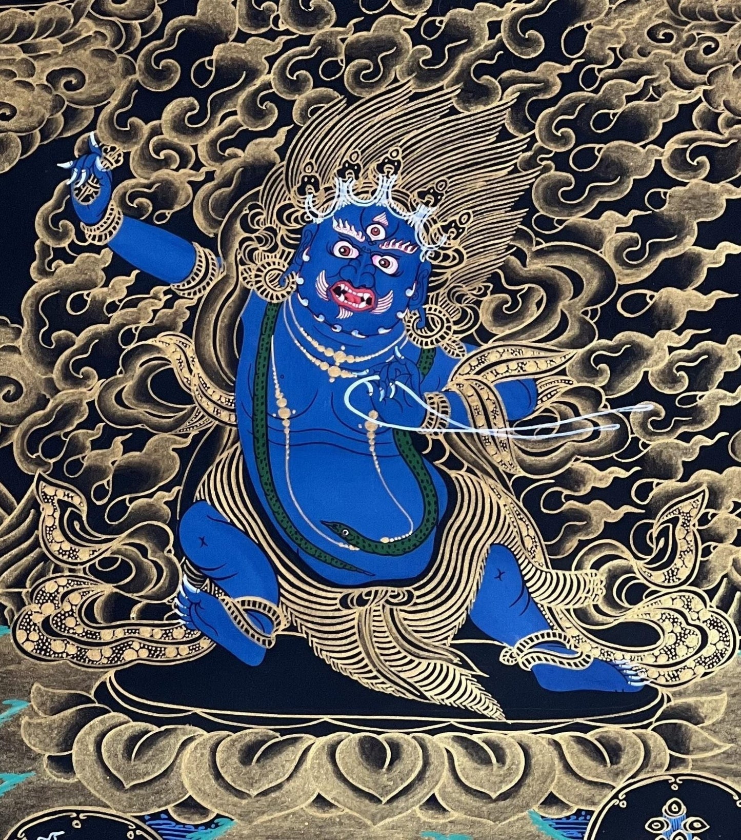 Original Hand - painted Vajrapani Dharmapala/ Sandag Chagna Dorje/ Protector Diety Black and Gold Tibetan Thangka Painting with Silk Brocade - Tibetan Thangka Art