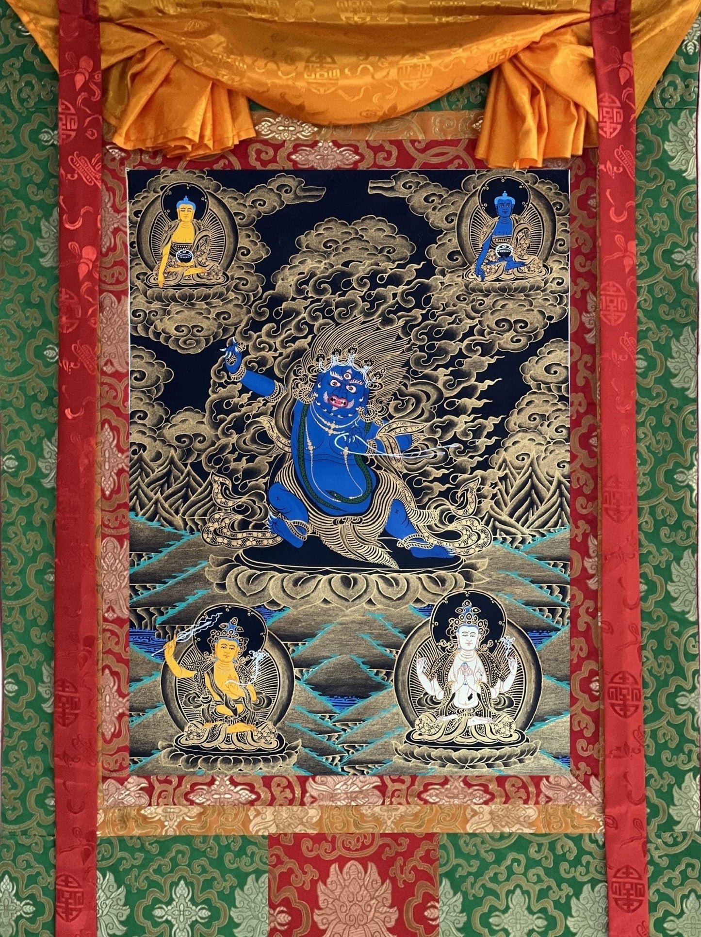 Original Hand - painted Vajrapani Dharmapala/ Sandag Chagna Dorje/ Protector Diety Black and Gold Tibetan Thangka Painting with Silk Brocade - Tibetan Thangka Art