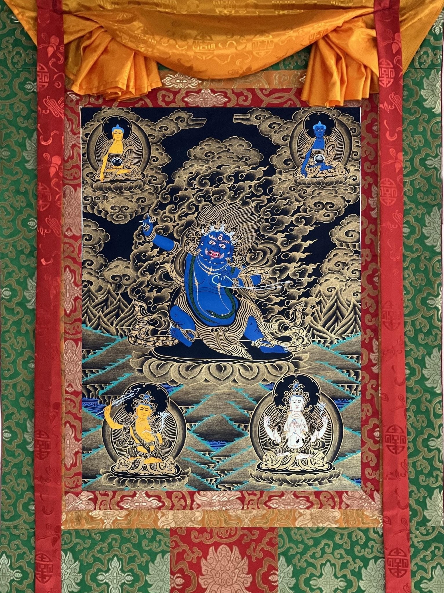 Original Hand - painted Vajrapani Dharmapala/ Sandag Chagna Dorje/ Protector Diety Black and Gold Tibetan Thangka Painting with Silk Brocade - Tibetan Thangka Art