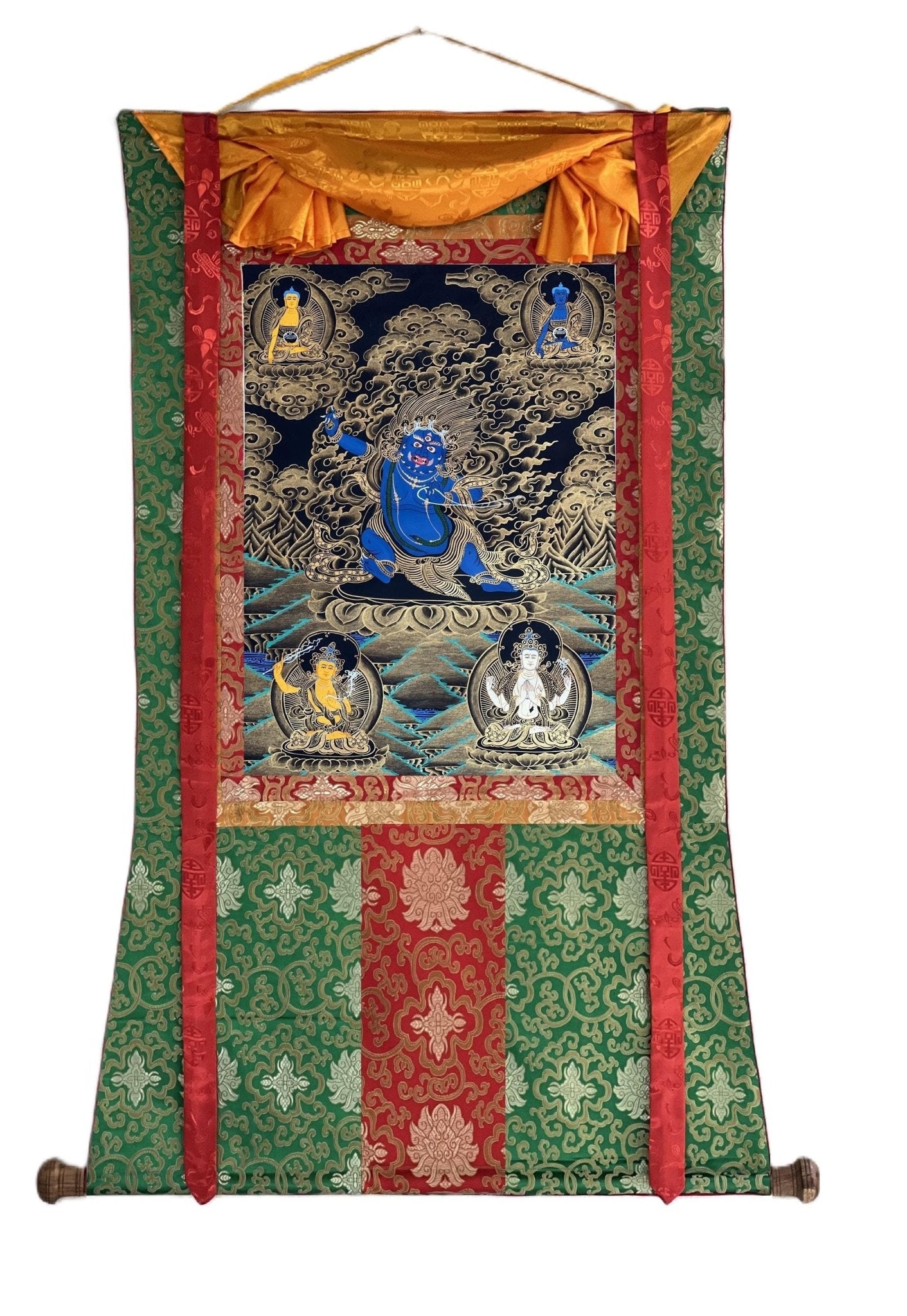 Original Hand - painted Vajrapani Dharmapala/ Sandag Chagna Dorje/ Protector Diety Black and Gold Tibetan Thangka Painting with Silk Brocade - Tibetan Thangka Art