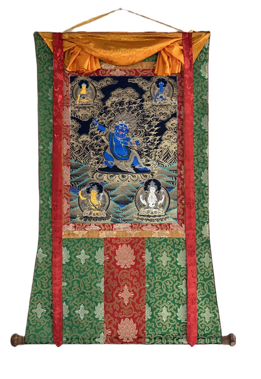 Original Hand - painted Vajrapani Dharmapala/ Sandag Chagna Dorje/ Protector Diety Black and Gold Tibetan Thangka Painting with Silk Brocade - Tibetan Thangka Art