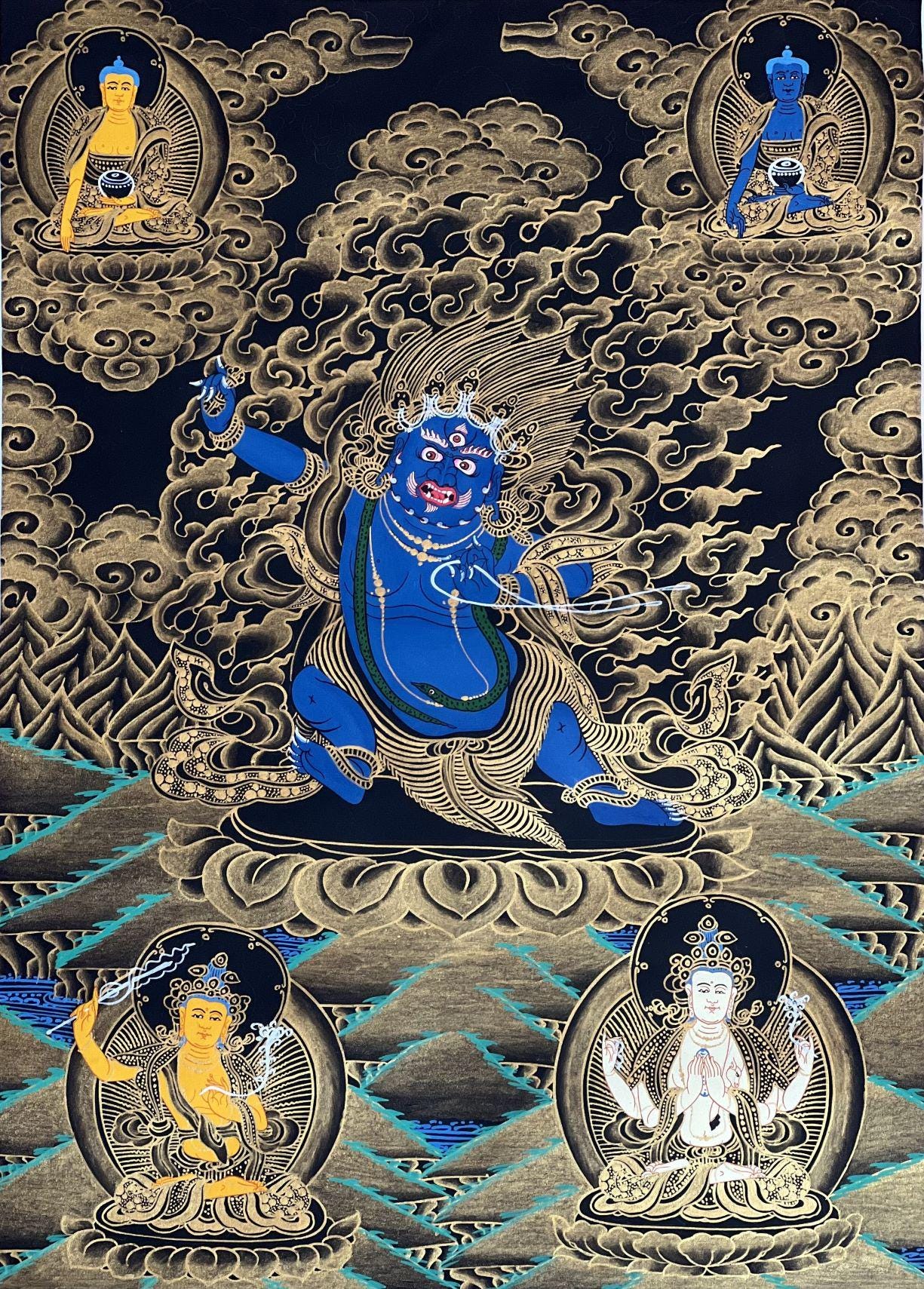 Original Hand - painted Vajrapani Dharmapala/ Sandag Chagna Dorje/ Protector Diety Black and Gold Tibetan Thangka Painting with Silk Brocade - Tibetan Thangka Art