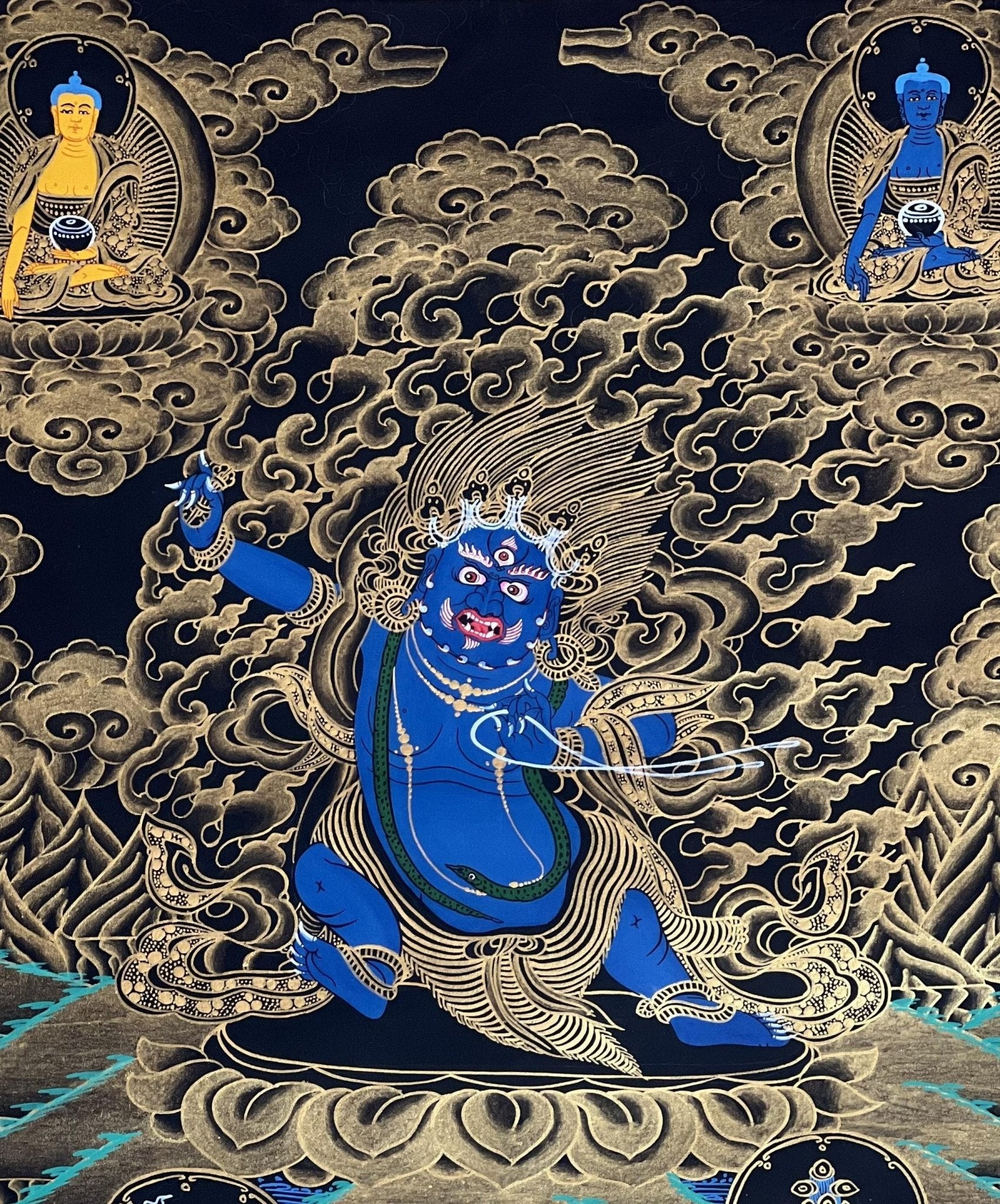 Original Hand - painted Vajrapani Dharmapala/ Sandag Chagna Dorje/ Protector Diety Black and Gold Tibetan Thangka Painting with Silk Brocade - Tibetan Thangka Art