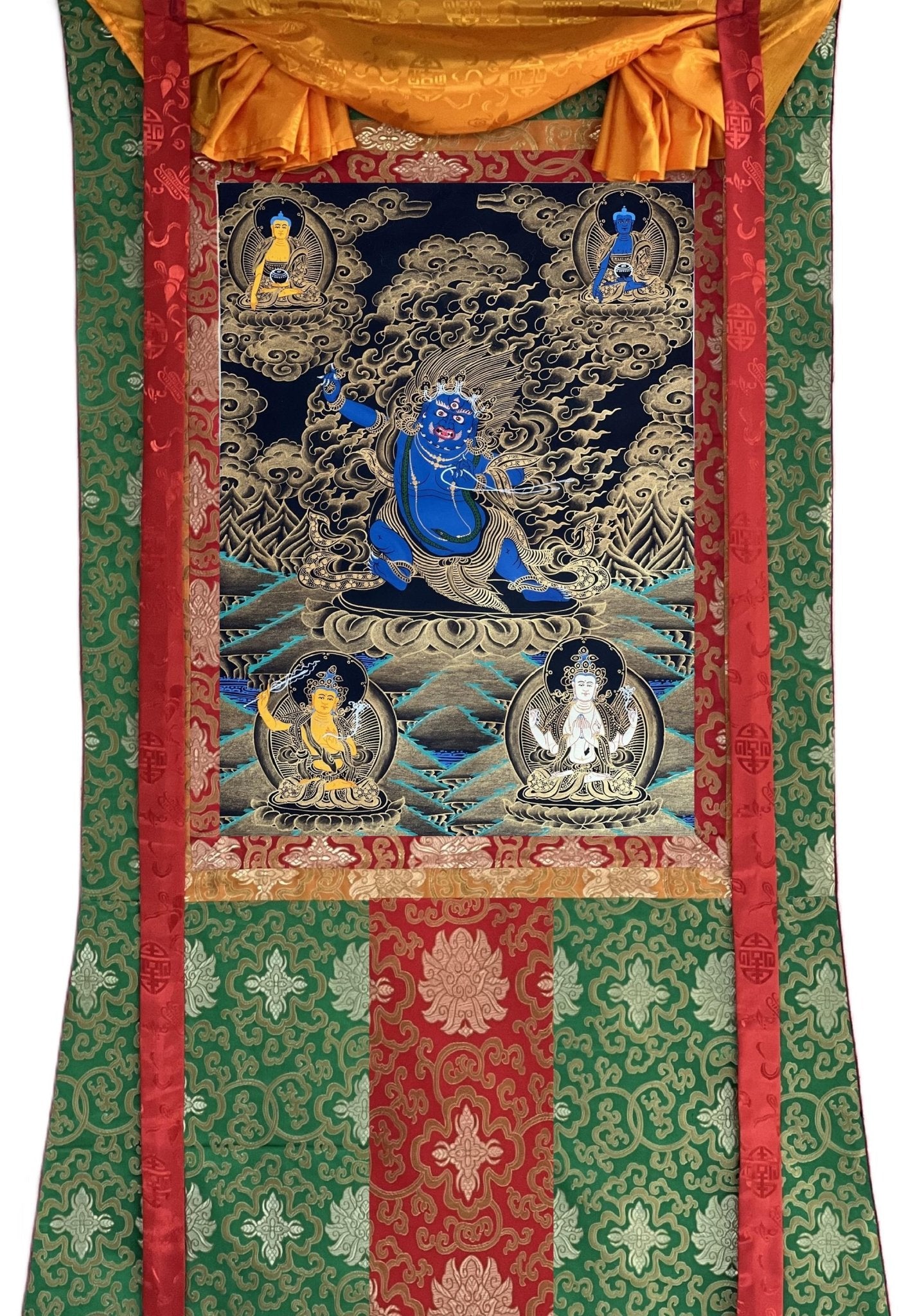 Original Hand - painted Vajrapani Dharmapala/ Sandag Chagna Dorje/ Protector Diety Black and Gold Tibetan Thangka Painting with Silk Brocade - Tibetan Thangka Art