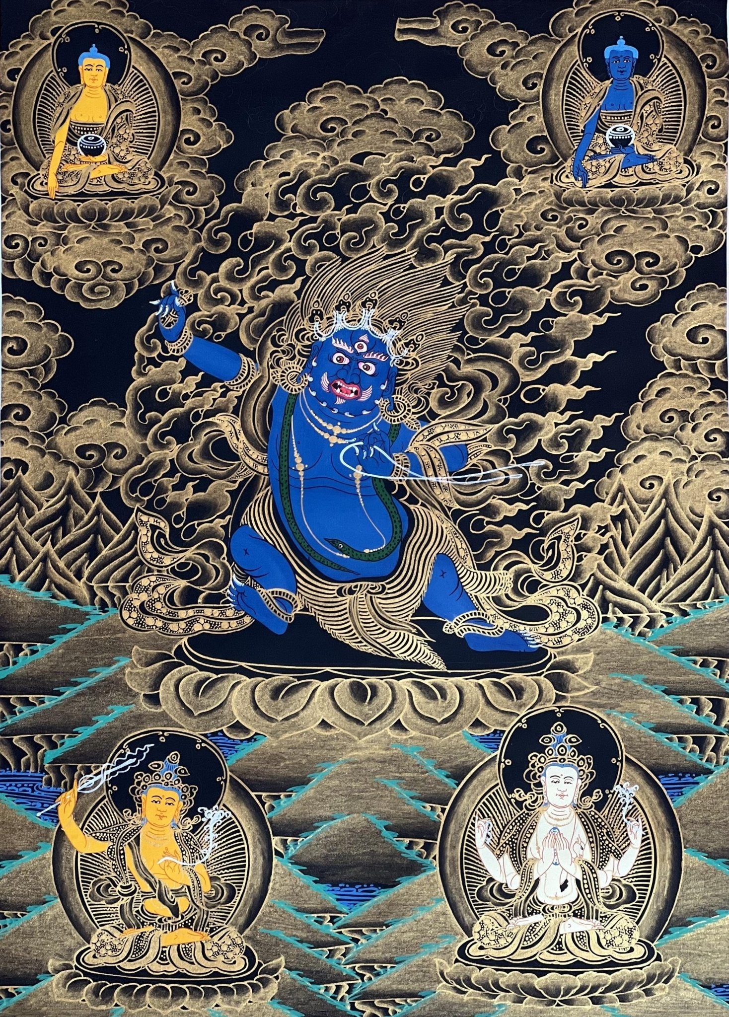 Original Hand - painted Vajrapani Dharmapala/ Sandag Chagna Dorje/ Protector Diety Black and Gold Tibetan Thangka Painting with Silk Brocade - Tibetan Thangka Art