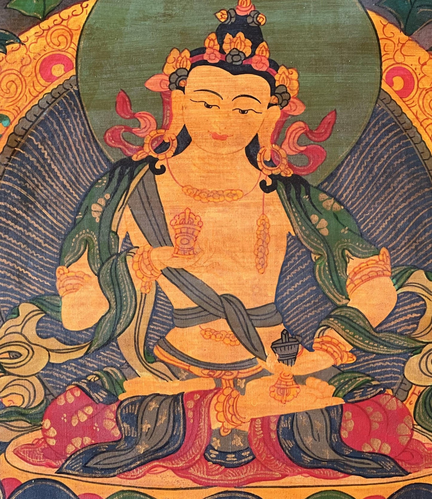 Original Hand - Painted Vajrasattva / Dorje Sempa Old Oil - Varnished Tibetan Meditation Thangka Painting/Wall Hanging with Silk Brocade - Tibetan Thangka Art