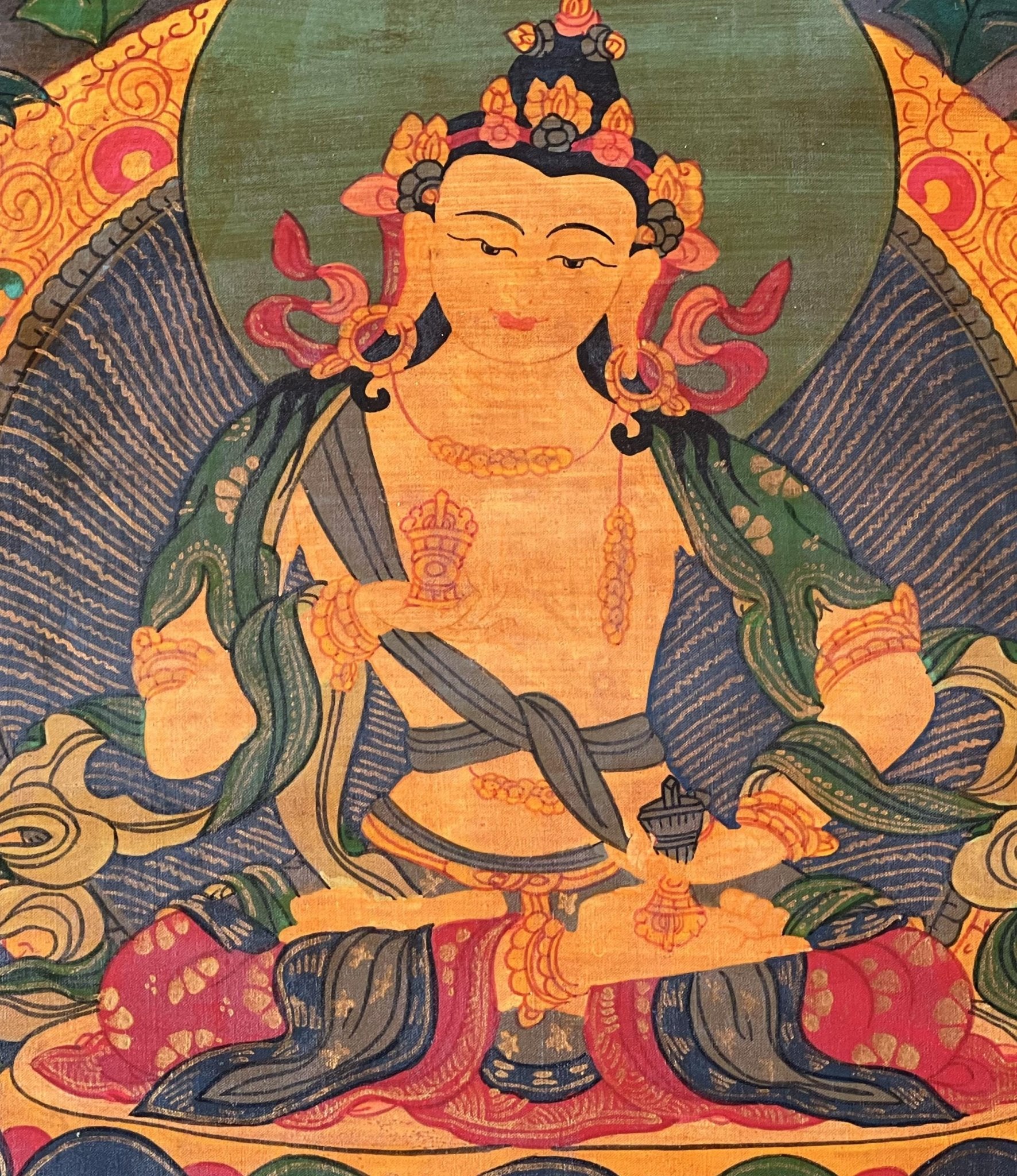 Original Hand - Painted Vajrasattva / Dorje Sempa Old Oil - Varnished Tibetan Meditation Thangka Painting/Wall Hanging with Silk Brocade - Tibetan Thangka Art