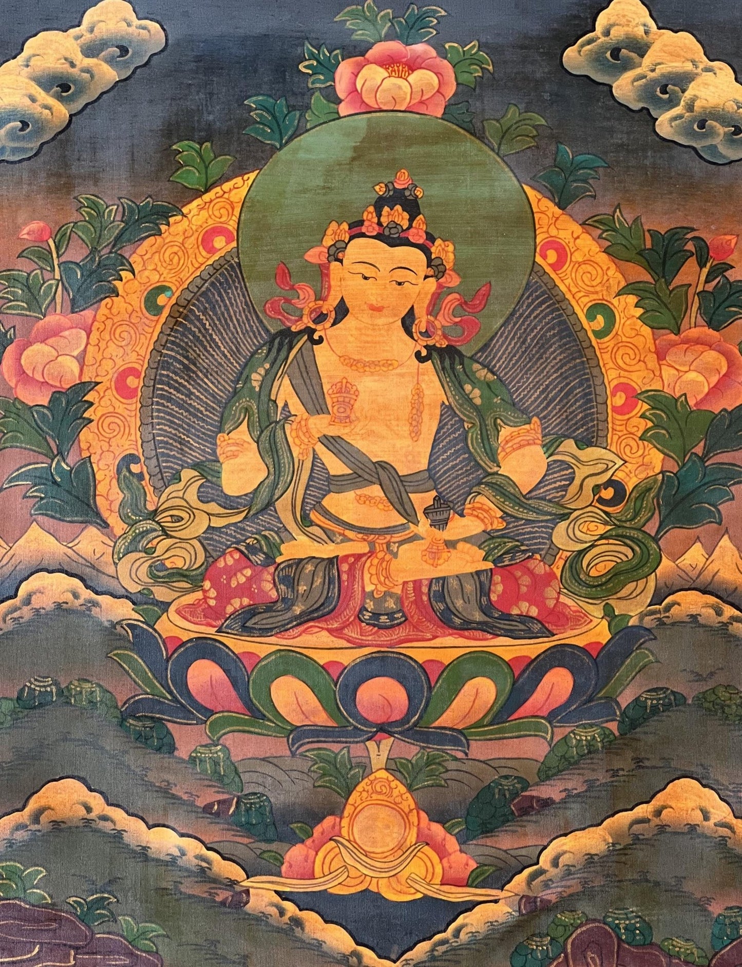 Original Hand - Painted Vajrasattva / Dorje Sempa Old Oil - Varnished Tibetan Meditation Thangka Painting/Wall Hanging with Silk Brocade - Tibetan Thangka Art