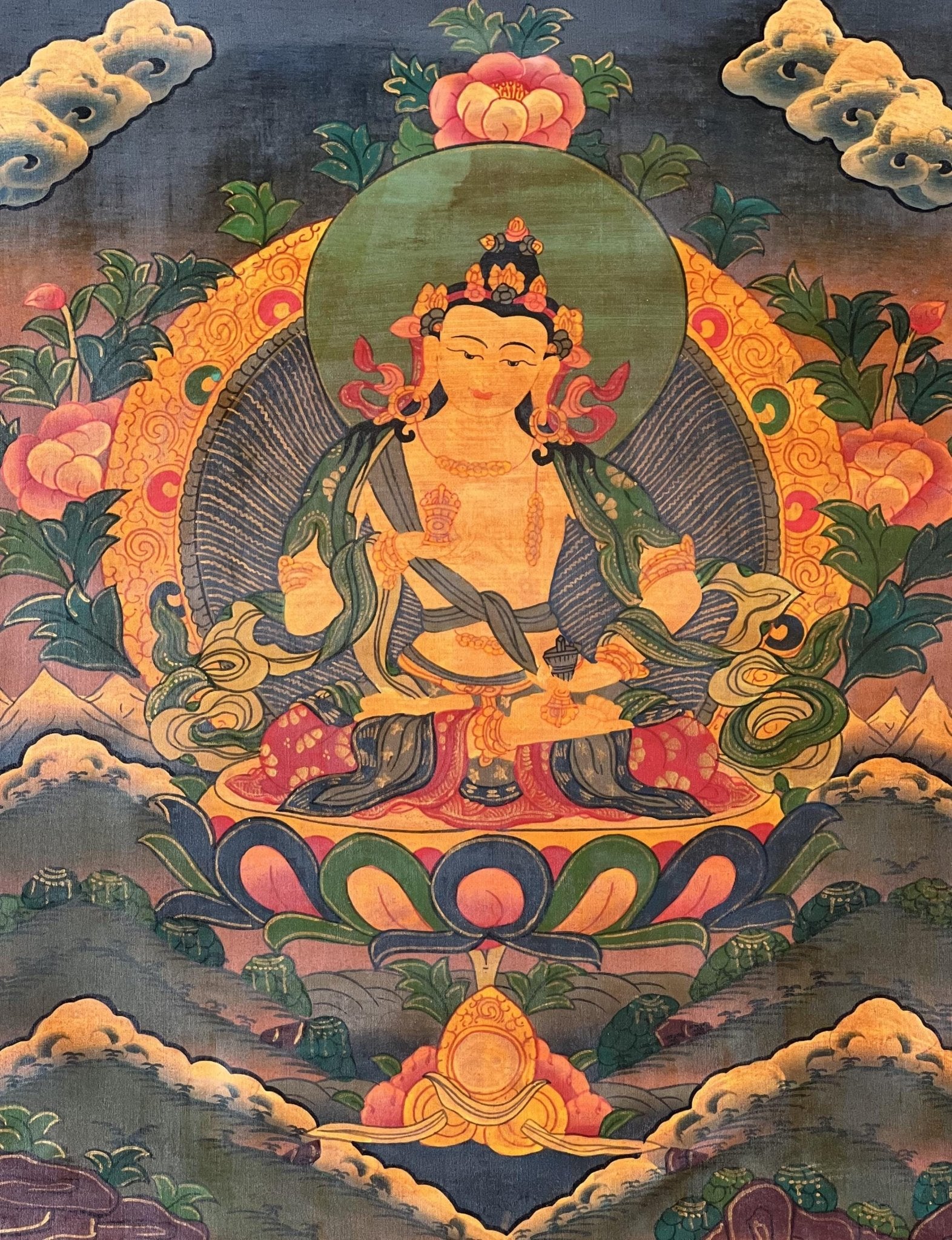 Original Hand - Painted Vajrasattva / Dorje Sempa Old Oil - Varnished Tibetan Meditation Thangka Painting/Wall Hanging with Silk Brocade - Tibetan Thangka Art