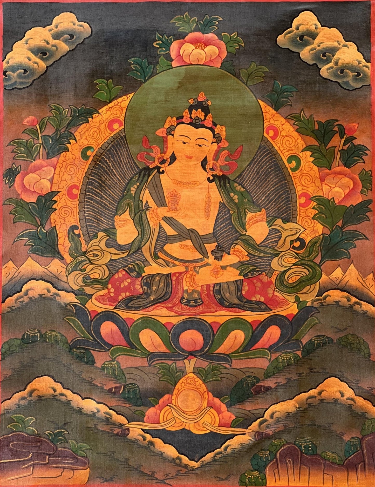 Original Hand - Painted Vajrasattva / Dorje Sempa Old Oil - Varnished Tibetan Meditation Thangka Painting/Wall Hanging with Silk Brocade - Tibetan Thangka Art