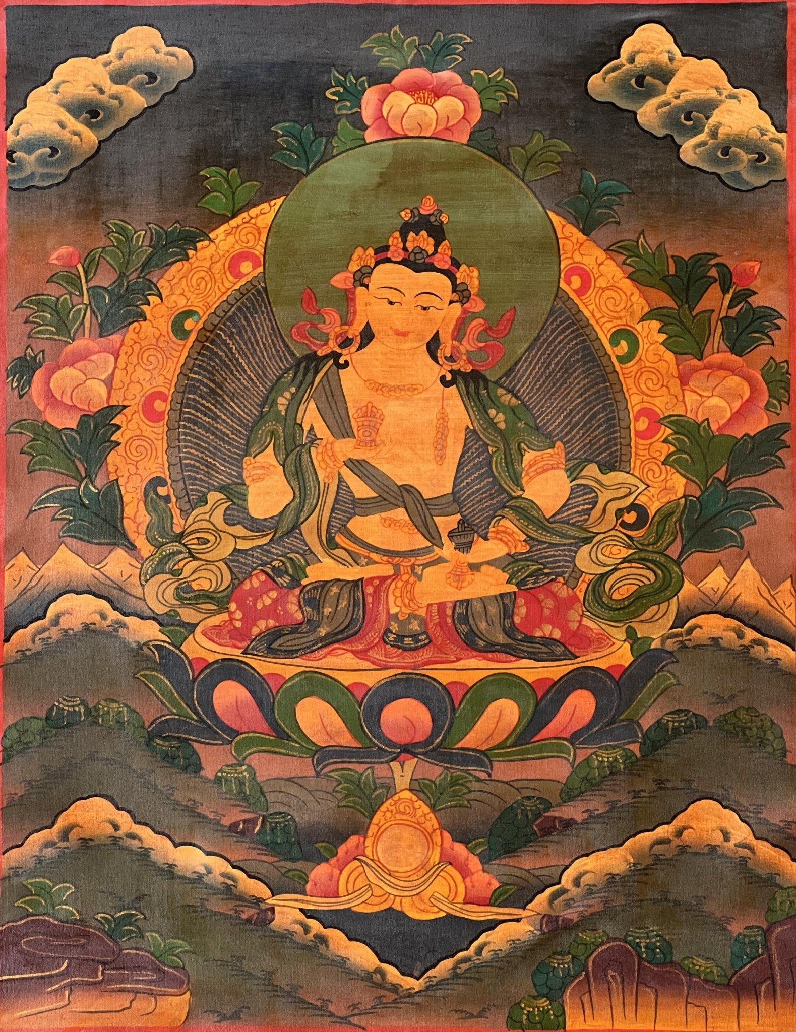 Original Hand - Painted Vajrasattva / Dorje Sempa Old Oil - Varnished Tibetan Meditation Thangka Painting/Wall Hanging with Silk Brocade - Tibetan Thangka Art