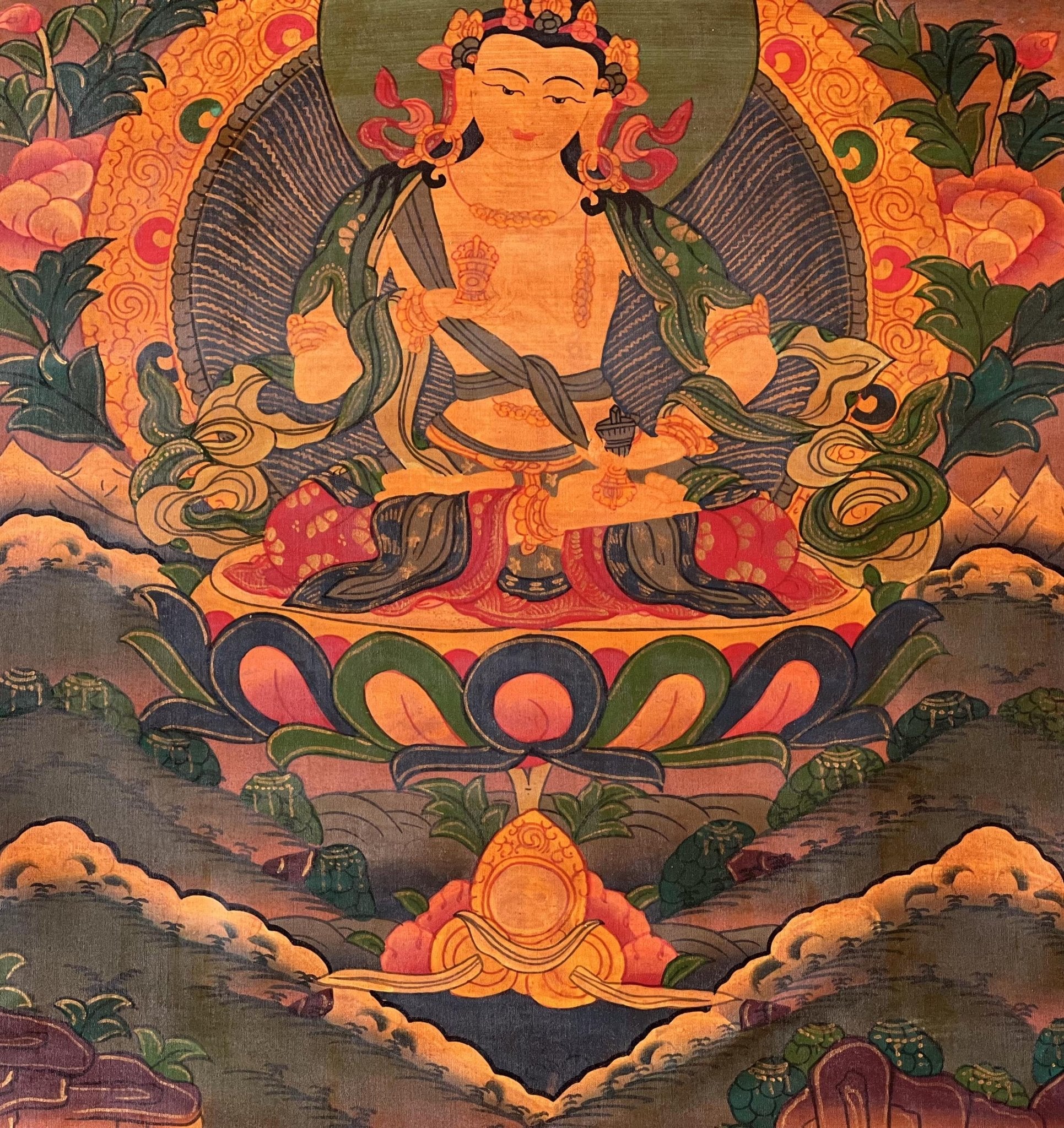 Original Hand - Painted Vajrasattva / Dorje Sempa Old Oil - Varnished Tibetan Meditation Thangka Painting/Wall Hanging with Silk Brocade - Tibetan Thangka Art