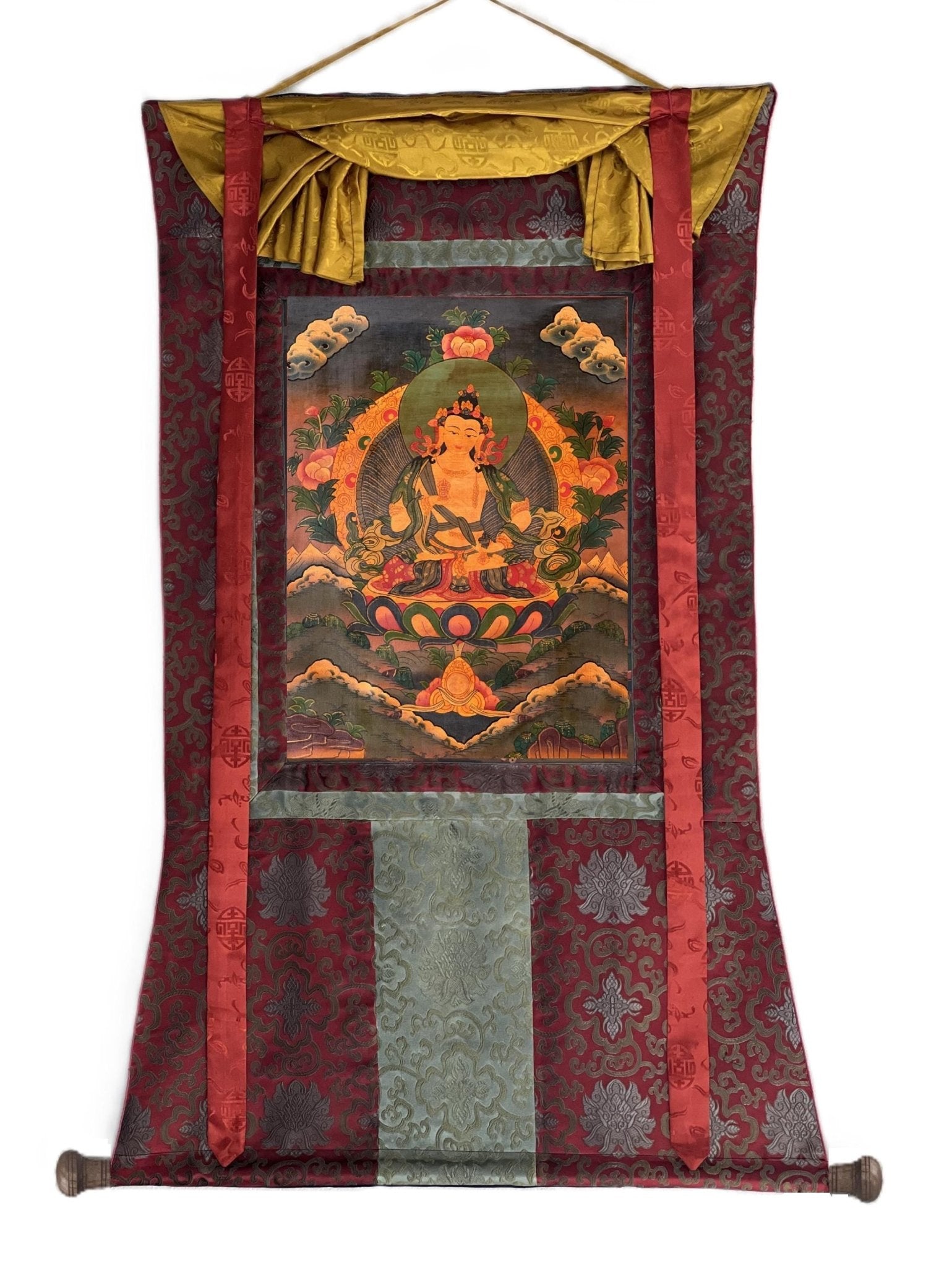 Original Hand - Painted Vajrasattva / Dorje Sempa Old Oil - Varnished Tibetan Meditation Thangka Painting/Wall Hanging with Silk Brocade - Tibetan Thangka Art