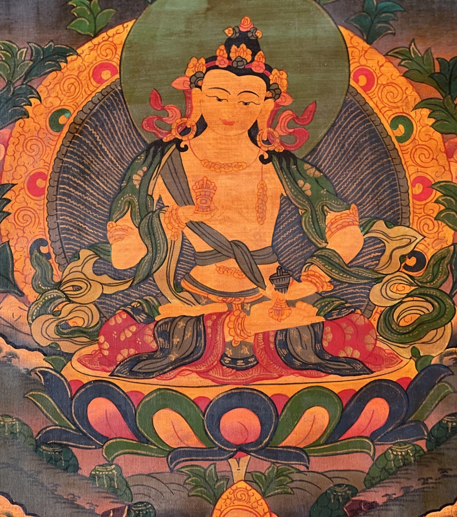 Original Hand - Painted Vajrasattva / Dorje Sempa Old Oil - Varnished Tibetan Meditation Thangka Painting/Wall Hanging with Silk Brocade - Tibetan Thangka Art