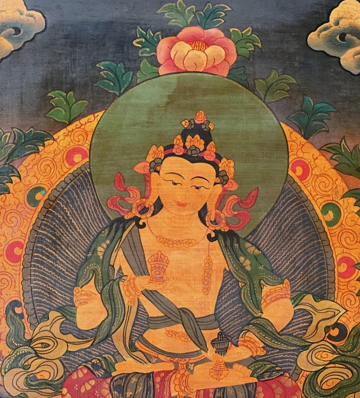 Original Hand - Painted Vajrasattva / Dorje Sempa Old Oil - Varnished Tibetan Meditation Thangka Painting/Wall Hanging with Silk Brocade - Tibetan Thangka Art