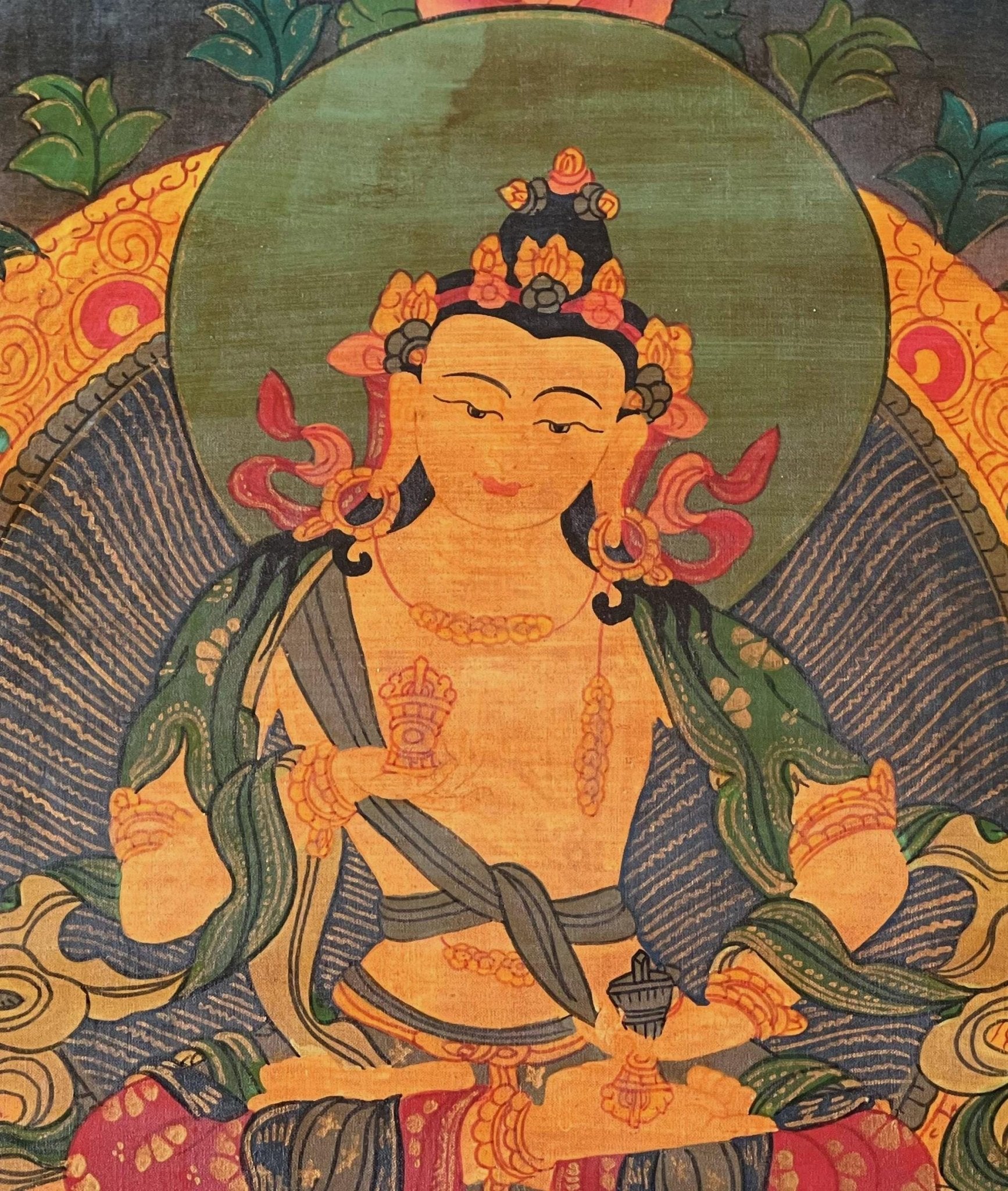 Original Hand - Painted Vajrasattva / Dorje Sempa Old Oil - Varnished Tibetan Meditation Thangka Painting/Wall Hanging with Silk Brocade - Tibetan Thangka Art