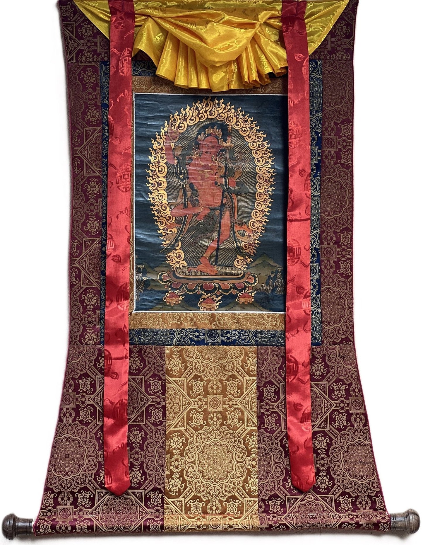 Original Hand Painted VAJRAVARAHI Jogini Ma / Dorje Phagmo Female Buddha Tibetan Thangka Old Oil Varnished With Premium Silk Brocade - Tibetan Thangka Art