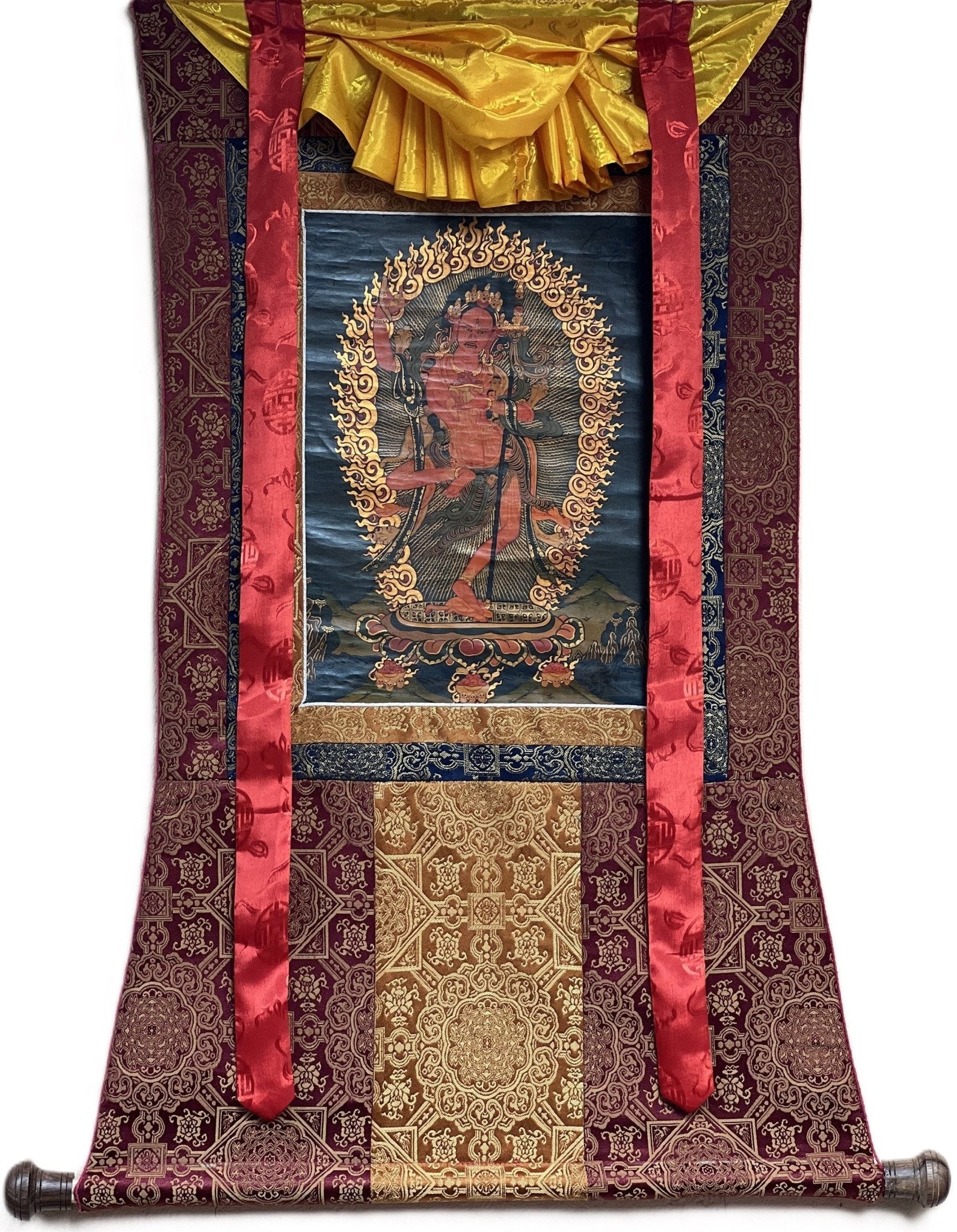 Original Hand Painted VAJRAVARAHI Jogini Ma / Dorje Phagmo Female Buddha Tibetan Thangka Old Oil Varnished With Premium Silk Brocade - Tibetan Thangka Art