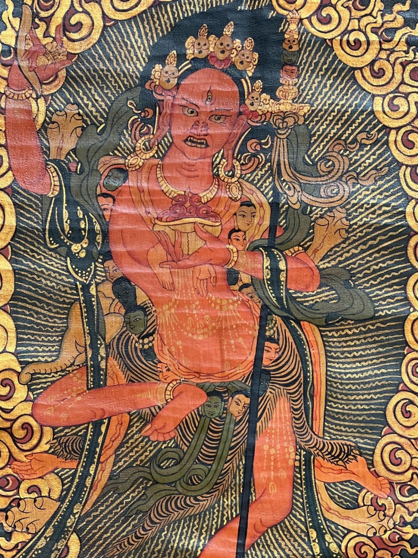 Original Hand Painted VAJRAVARAHI Jogini Ma / Dorje Phagmo Female Buddha Tibetan Thangka Old Oil Varnished With Premium Silk Brocade - Tibetan Thangka Art